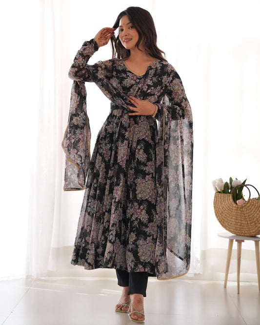 Captivating Black Floral Printed Fully Stitched Designer Anarkali Pant Suit - INDIAN ELEGANCE