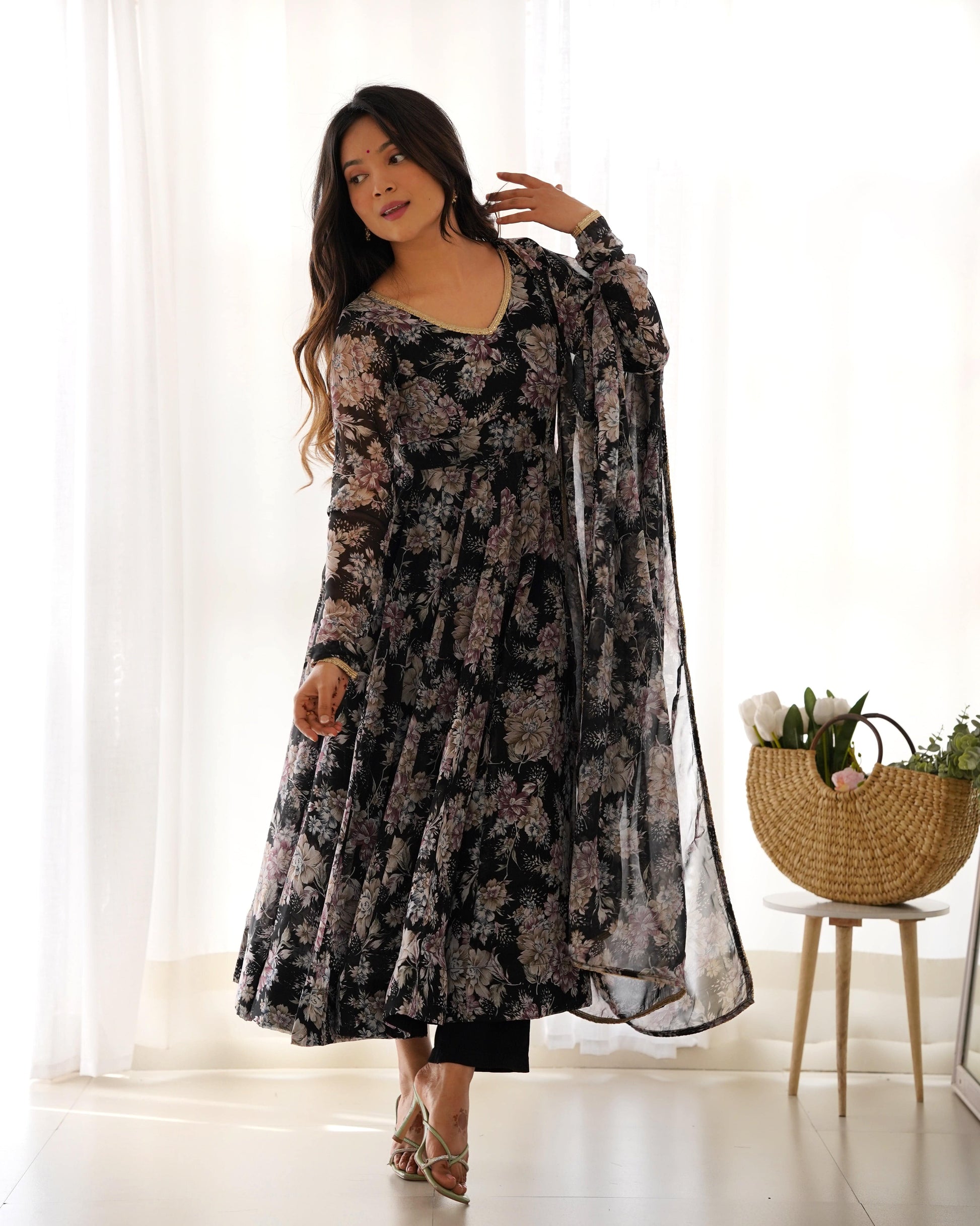 Captivating Black Floral Printed Fully Stitched Designer Anarkali Pant Suit - INDIAN ELEGANCE