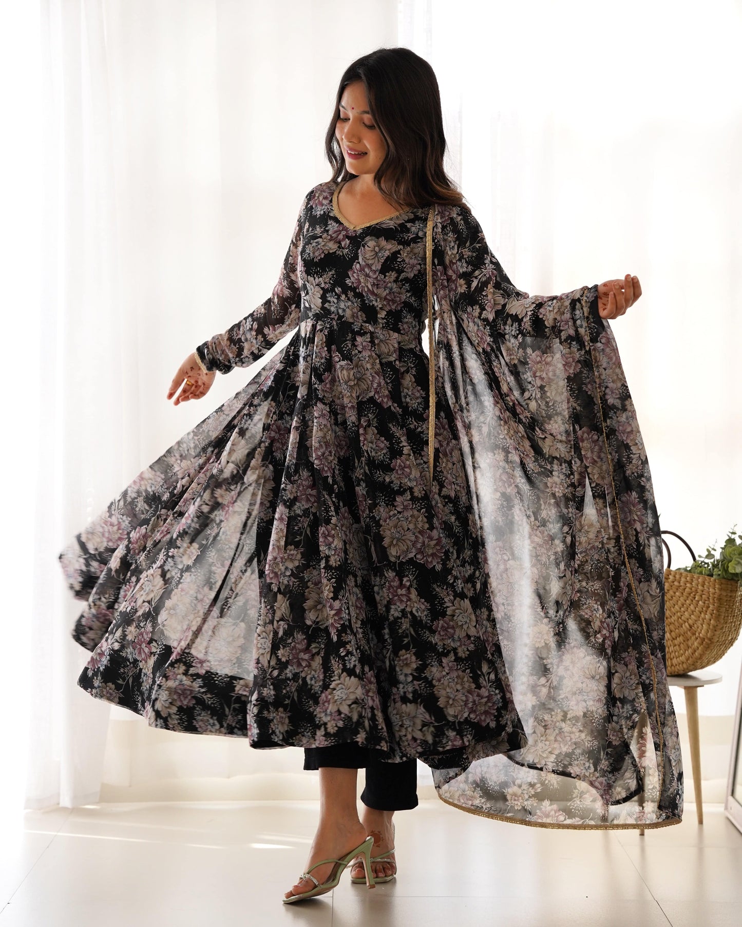 Captivating Black Floral Printed Fully Stitched Designer Anarkali Pant Suit - INDIAN ELEGANCE