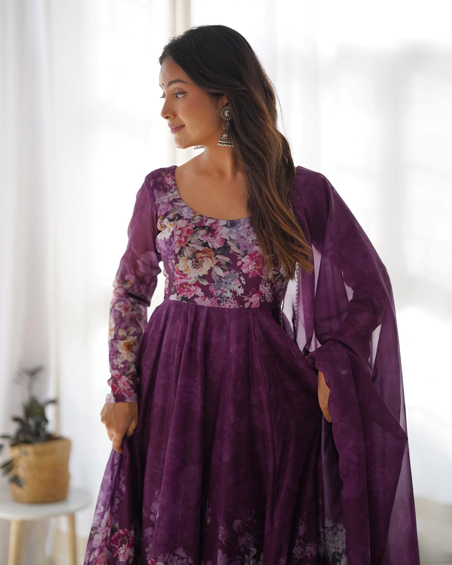 Lovely Organza Silk Floral Digital Printed Anarkali Pant Suit - INDIAN ELEGANCE