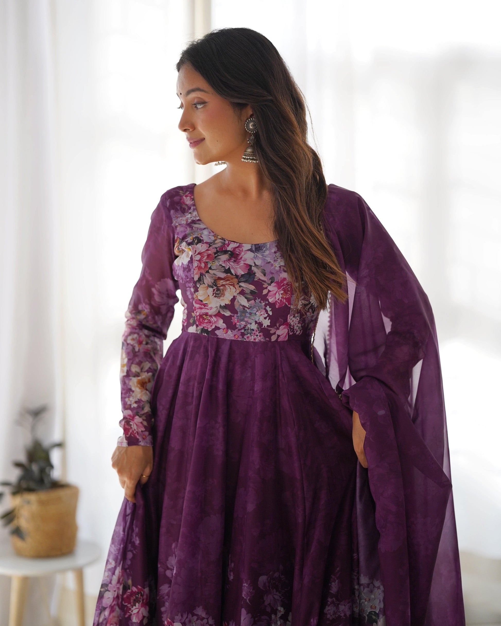 Lovely Organza Silk Floral Digital Printed Anarkali Pant Suit - INDIAN ELEGANCE