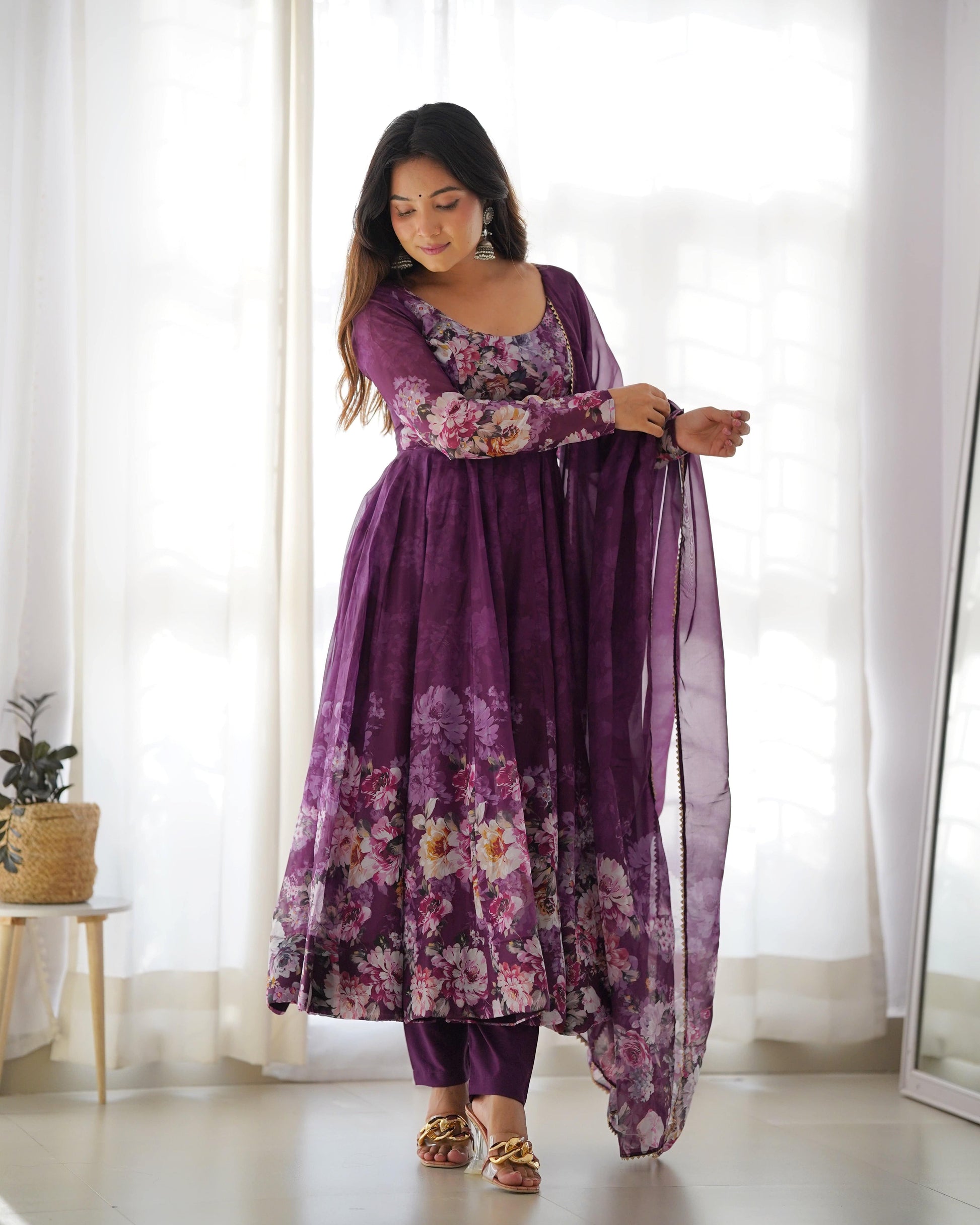 Lovely Organza Silk Floral Digital Printed Anarkali Pant Suit - INDIAN ELEGANCE
