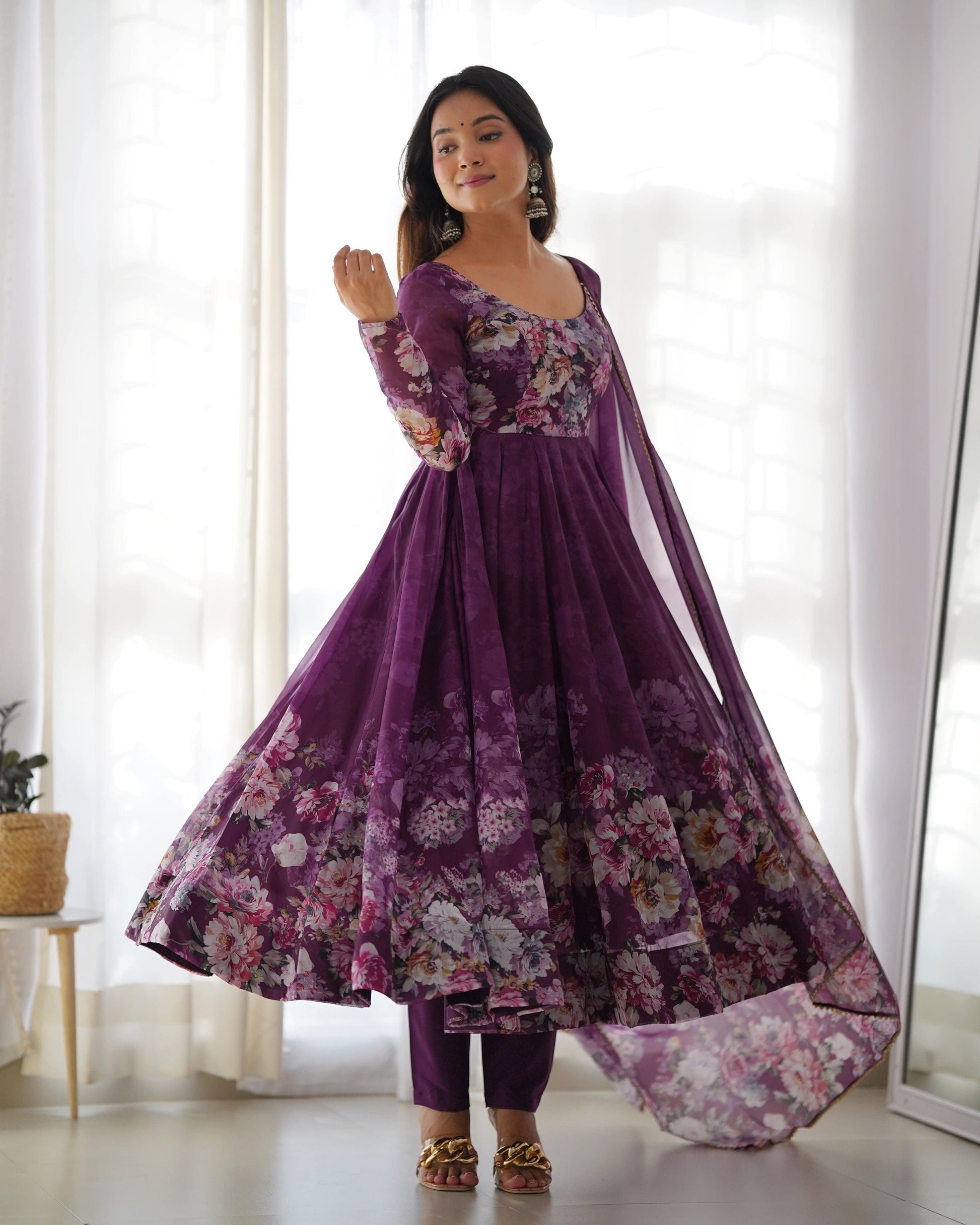 Lovely Organza Silk Floral Digital Printed Anarkali Pant Suit - INDIAN ELEGANCE