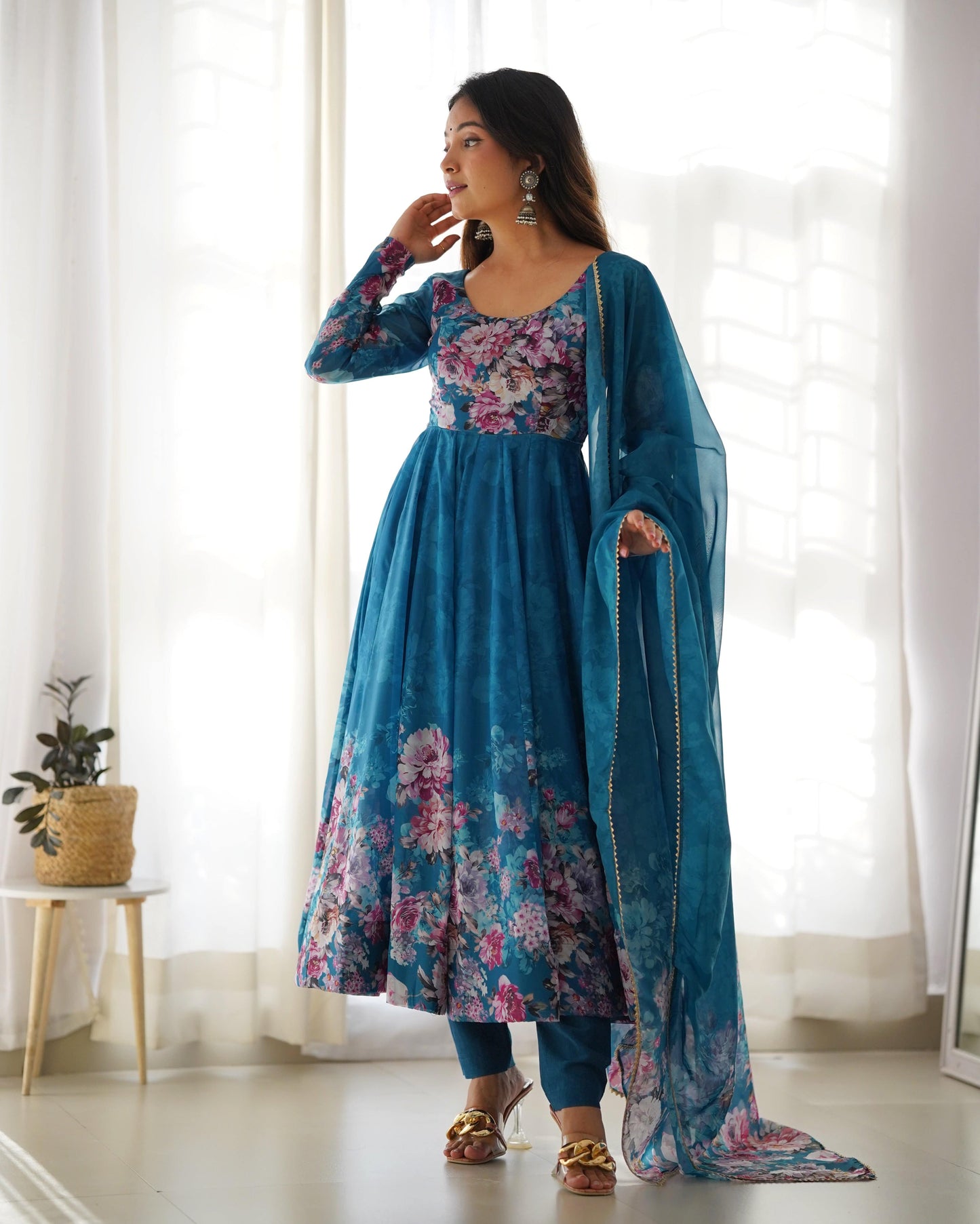 Lovely Organza Silk Floral Digital Printed Anarkali Pant Suit - INDIAN ELEGANCE