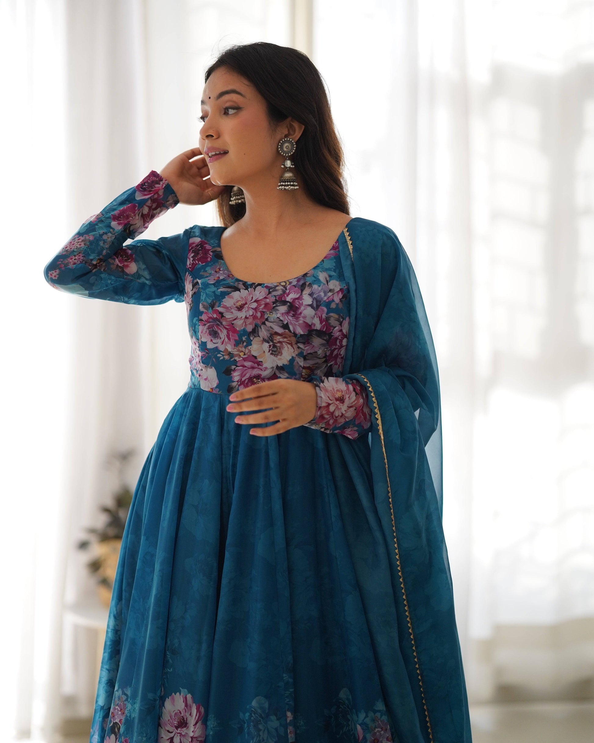 Lovely Organza Silk Floral Digital Printed Anarkali Pant Suit - INDIAN ELEGANCE