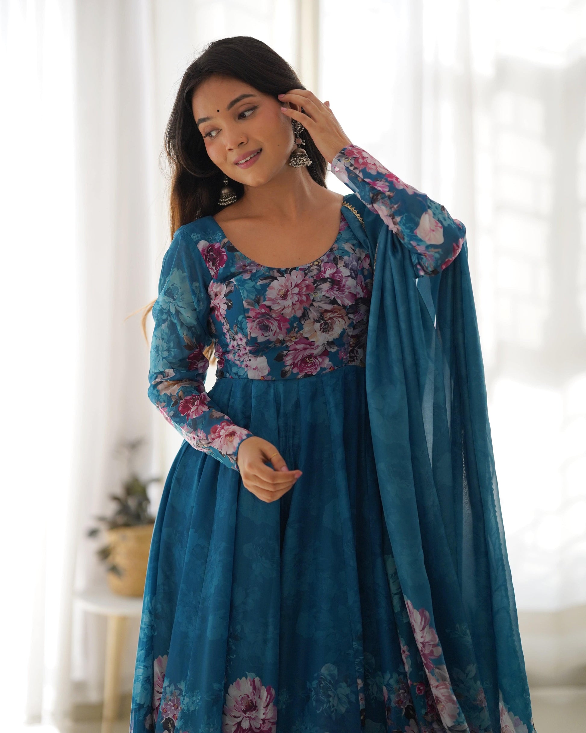 Lovely Organza Silk Floral Digital Printed Anarkali Pant Suit - INDIAN ELEGANCE