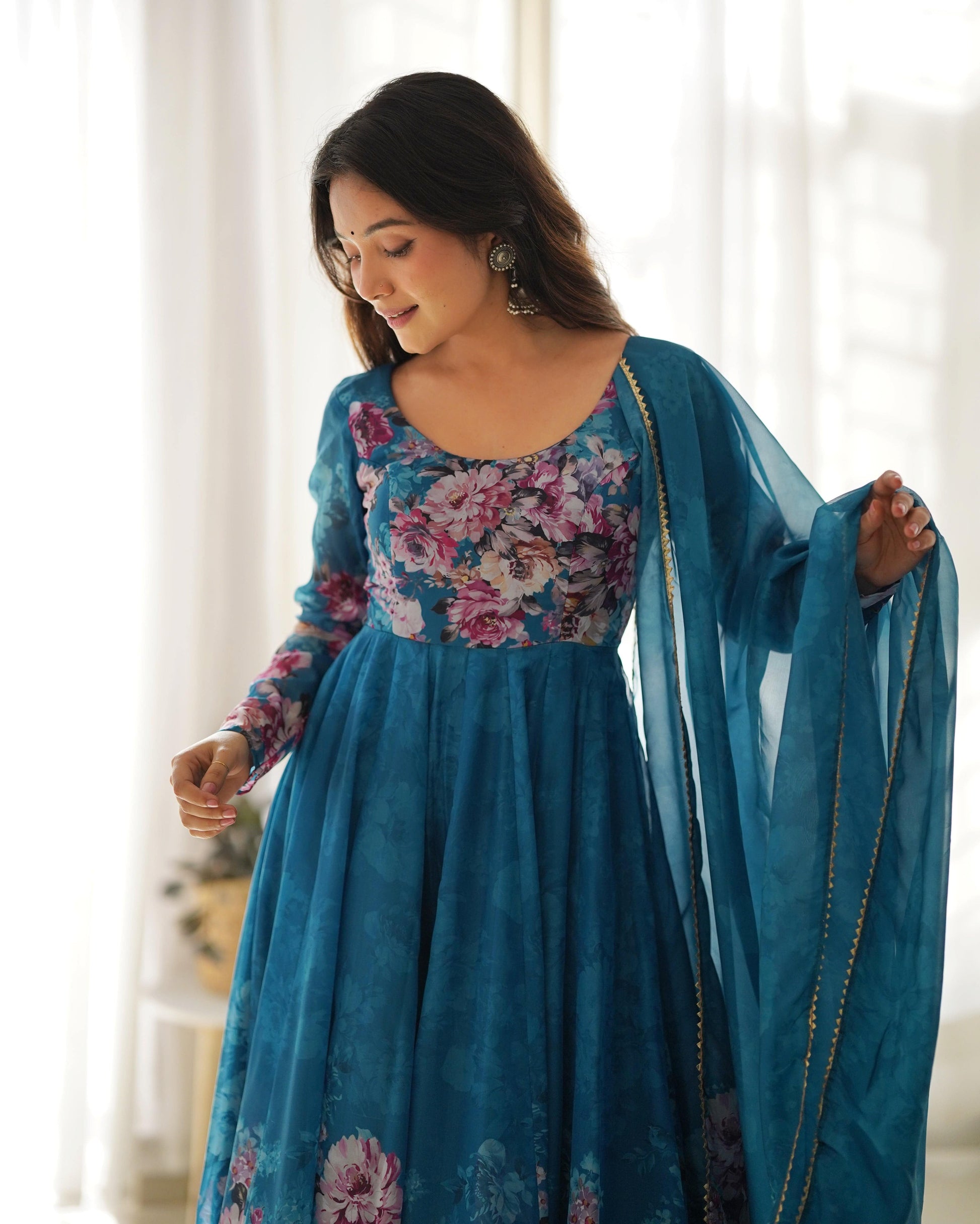 Lovely Organza Silk Floral Digital Printed Anarkali Pant Suit - INDIAN ELEGANCE