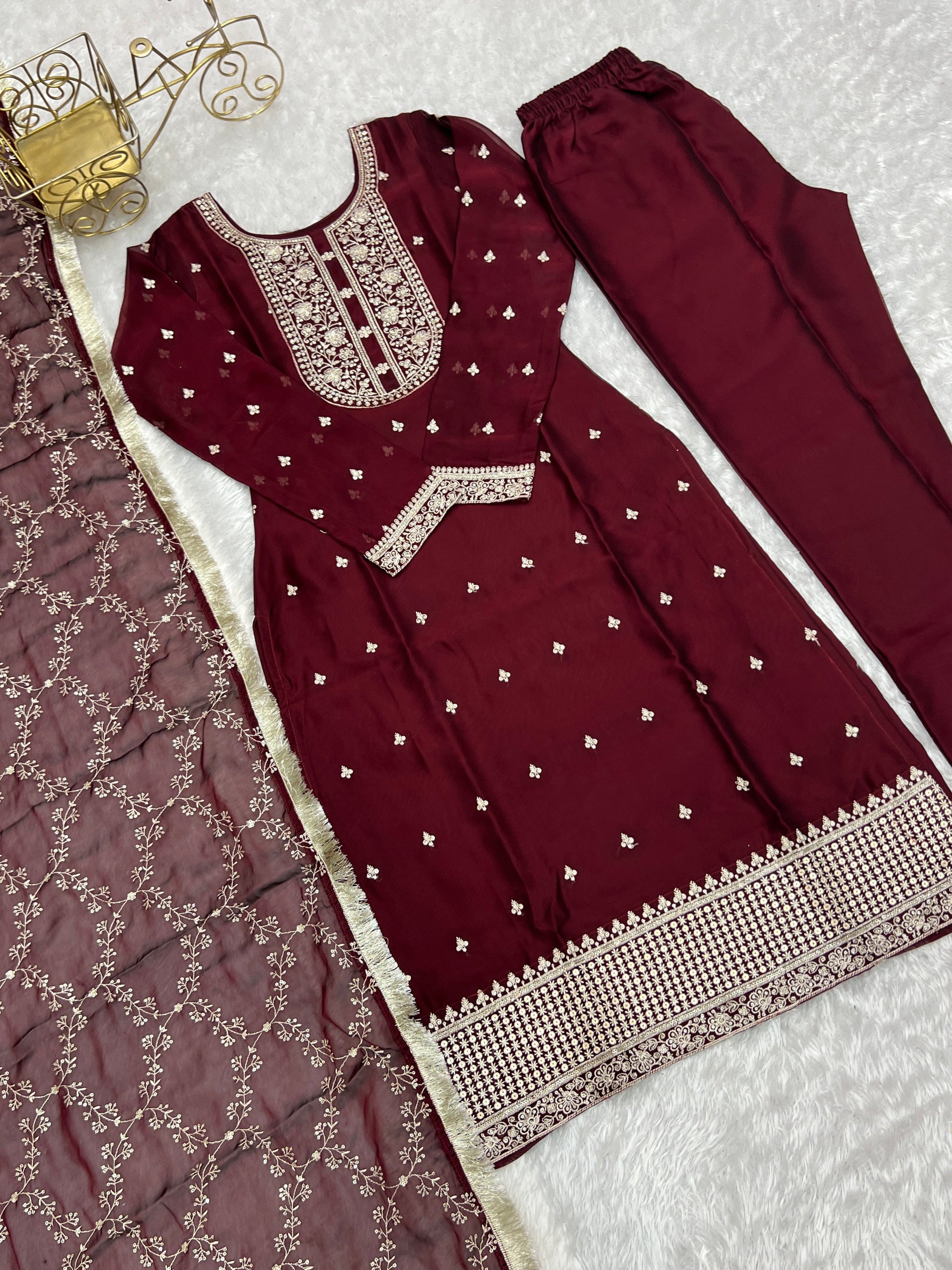 Appealing Rangoli Silk Sequins Embroidered Straight Top Pant Suit - INDIAN ELEGANCE