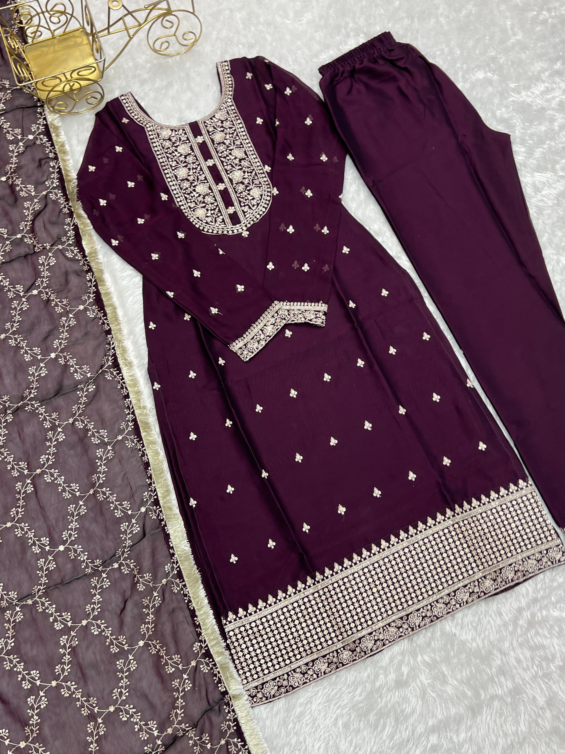 Appealing Rangoli Silk Sequins Embroidered Straight Top Pant Suit - INDIAN ELEGANCE