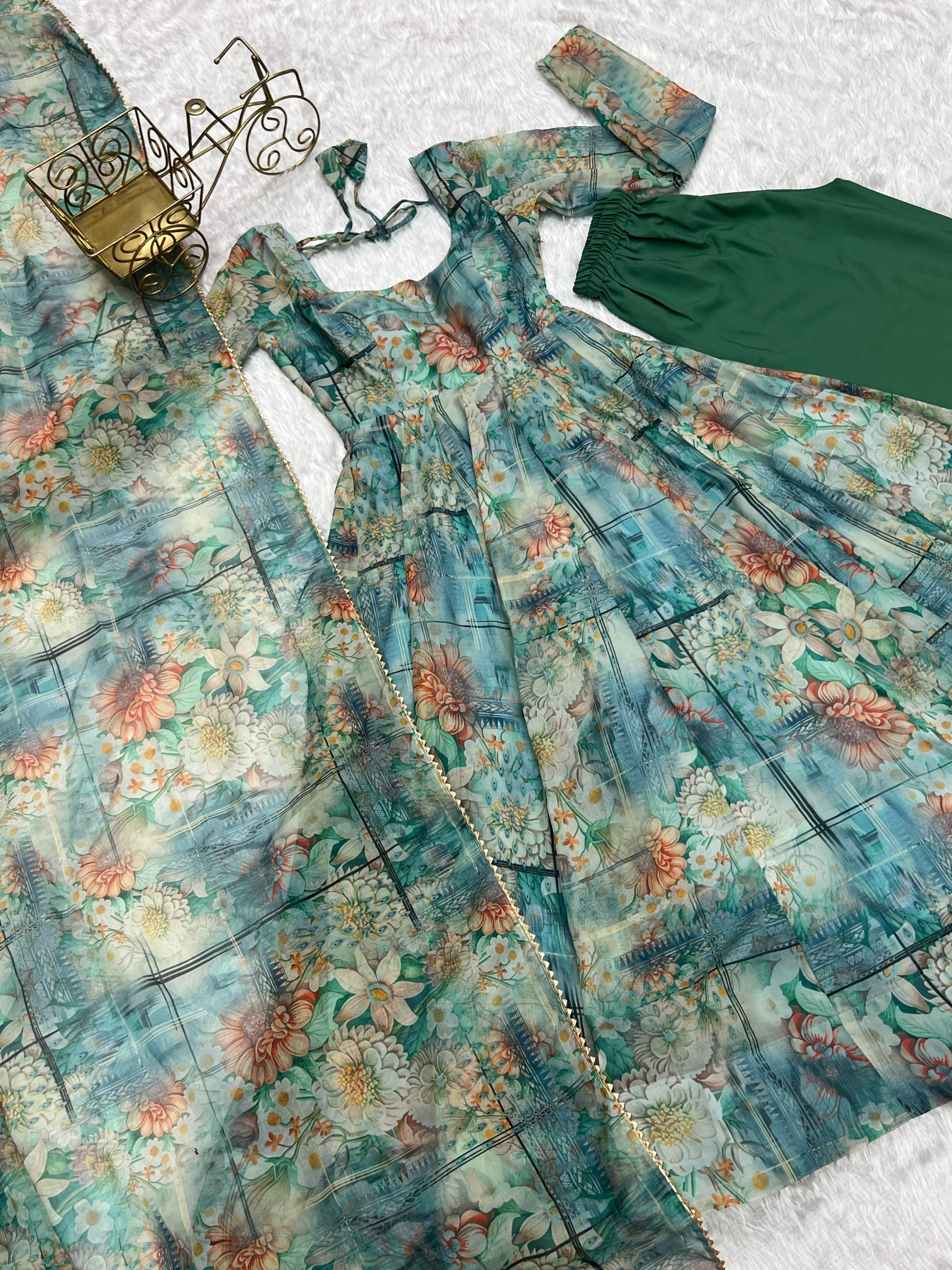 Graceful Organza Silk Intricate Printed Fully Stitched Anarkali Pant Suit - INDIAN ELEGANCE