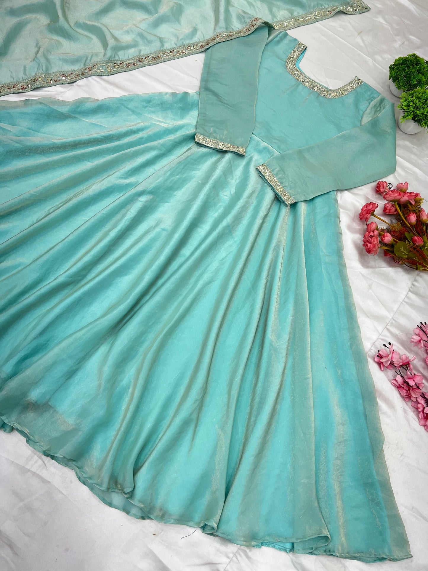 Gorgeous Fendi Silk Sequins Embroidered Fully Stitched Anarkali With Dupatta