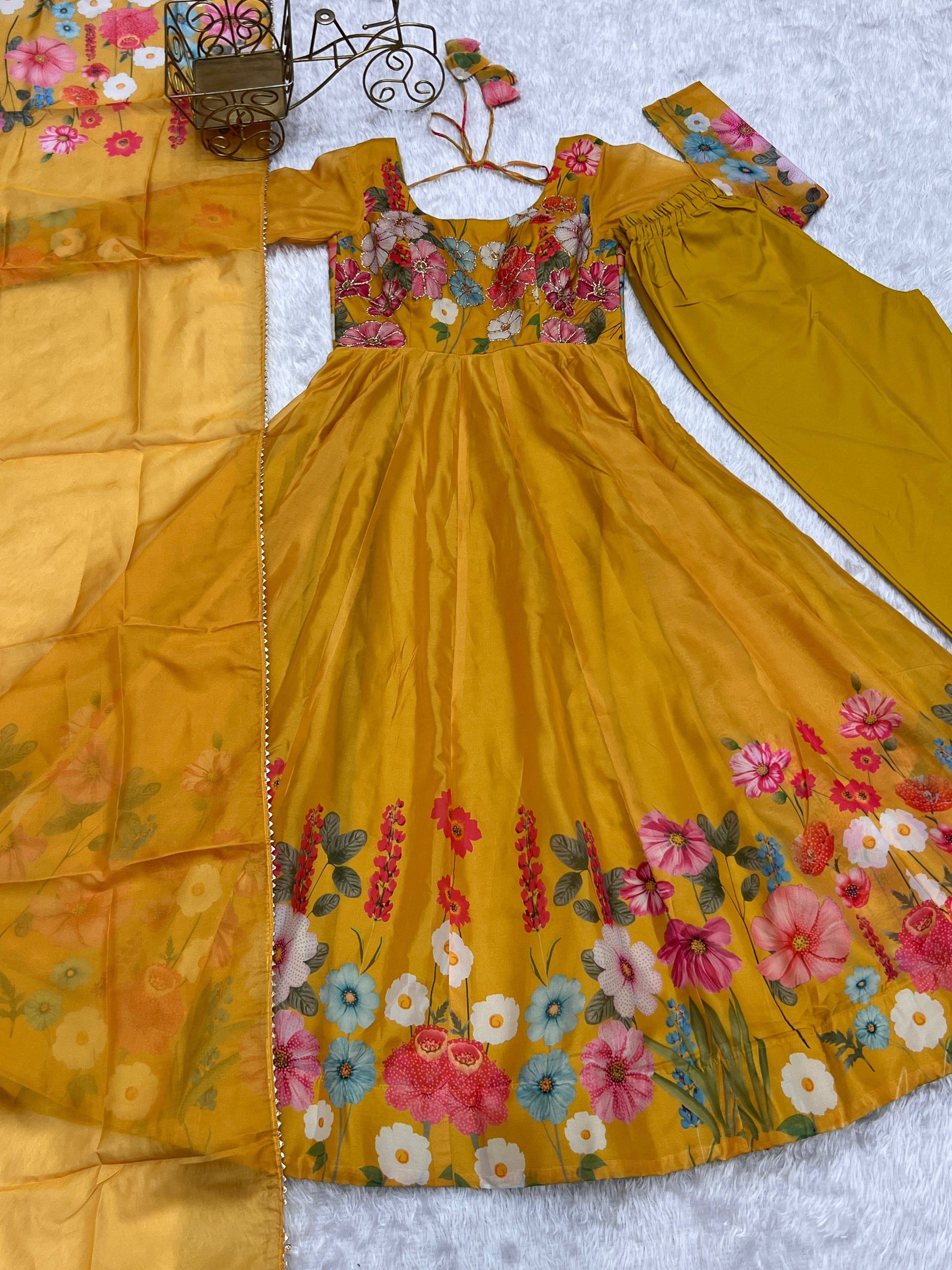 Breathtaking Organza Silk Floral Printed Designer Anarkali Pant Suit - INDIAN ELEGANCE