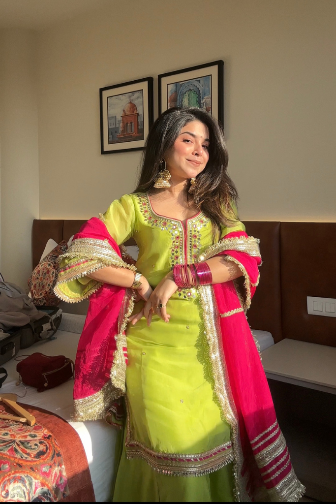 Parrot Color Palazzo Suit – Luxury Thread & Sequins Embroidery