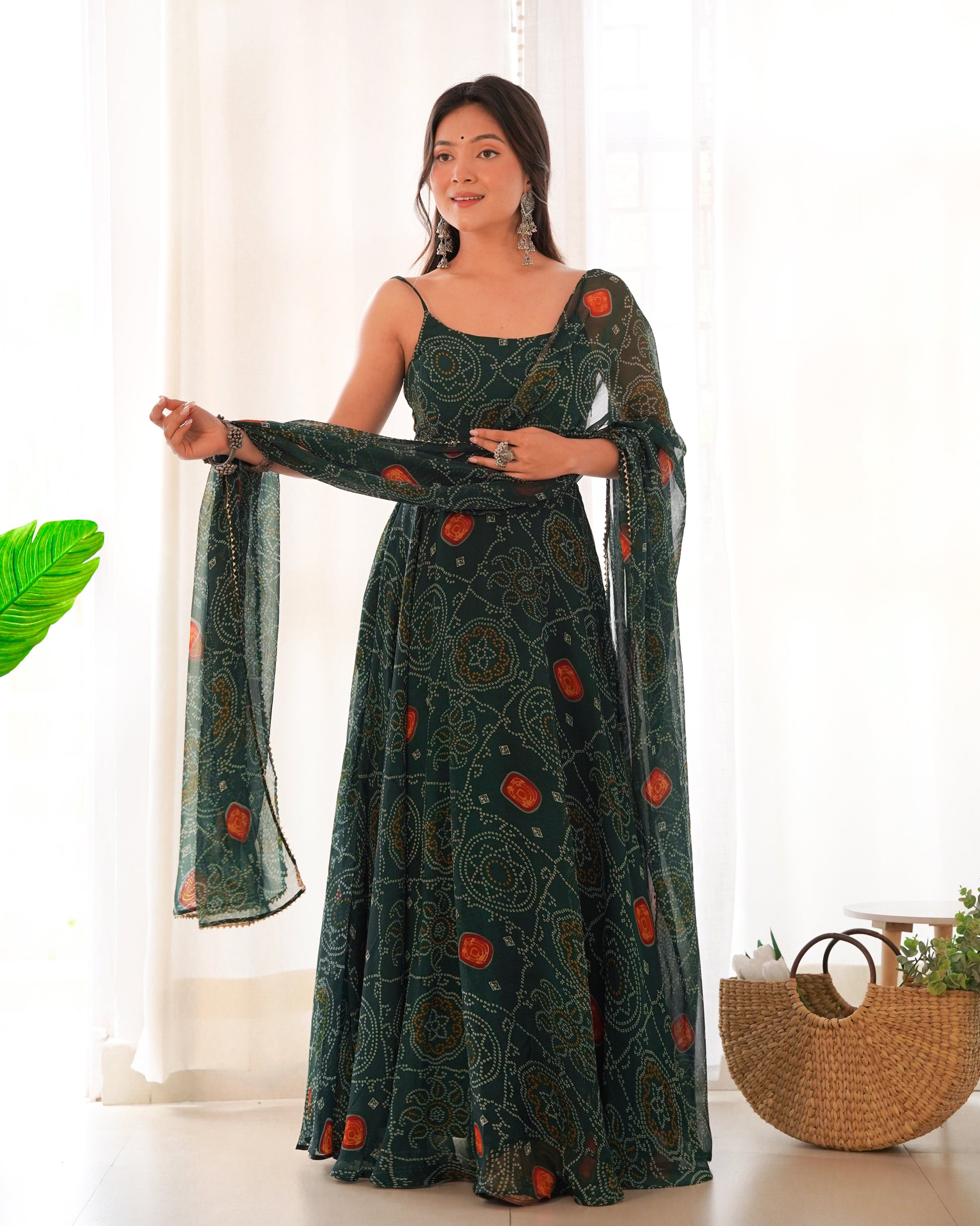 Spectacular Pink Chiffon Bandhej Printed Stitched Anarkali Pant Suit - INDIAN ELEGANCE