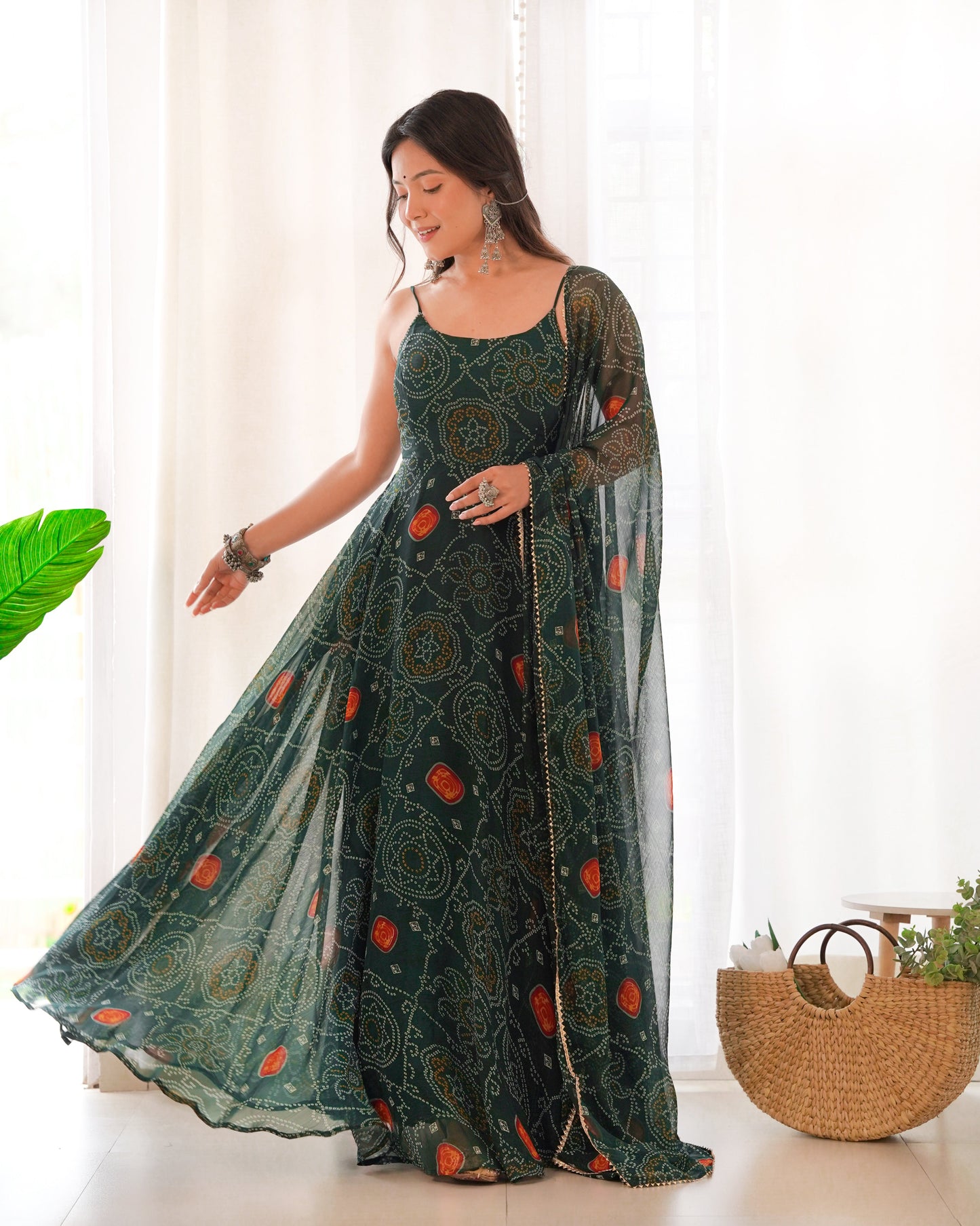 Spectacular Pink Chiffon Bandhej Printed Stitched Anarkali Pant Suit - INDIAN ELEGANCE