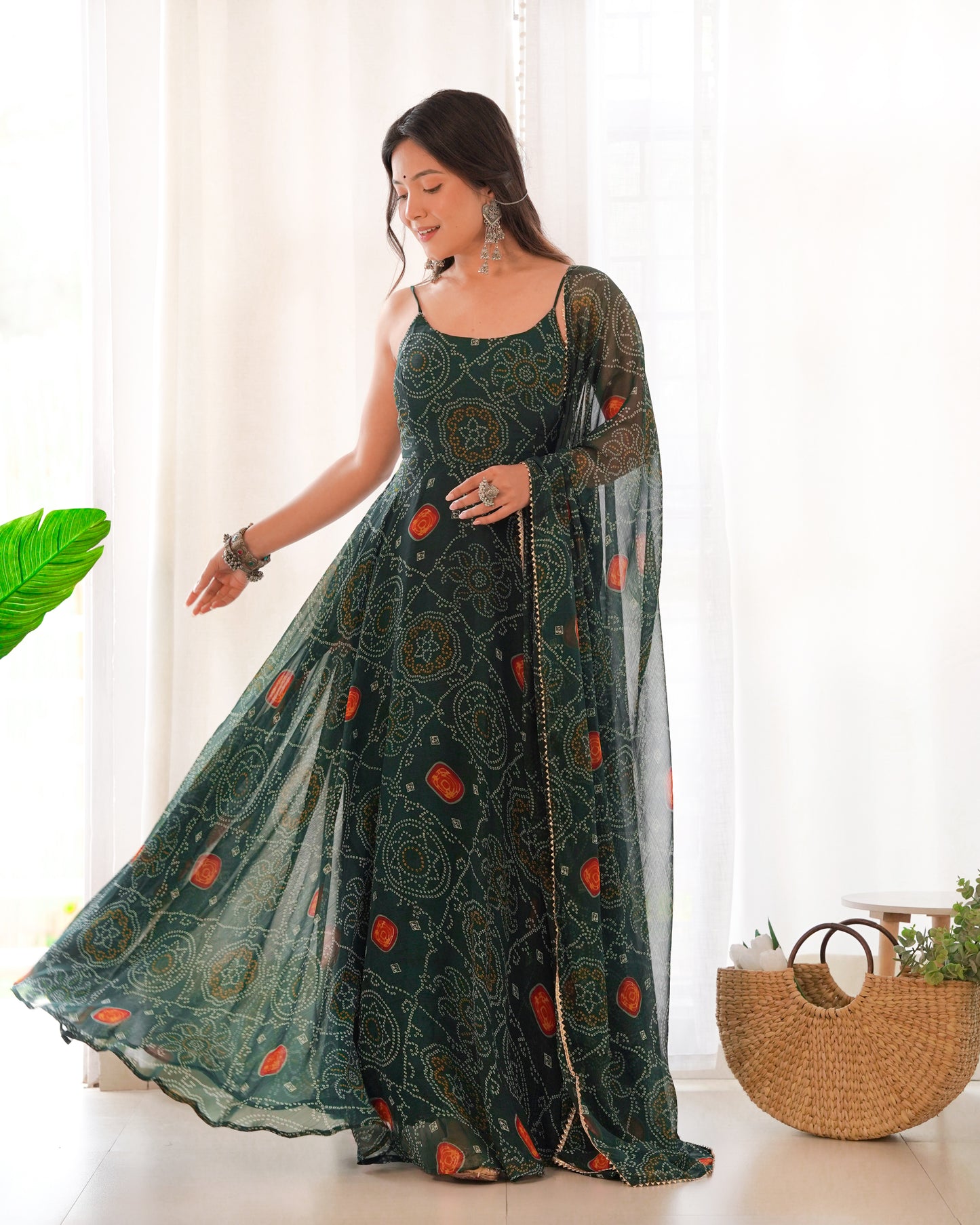 Bandhej Chiffon Anarkali Gown Set with Dupatta – 8 Meter Flare