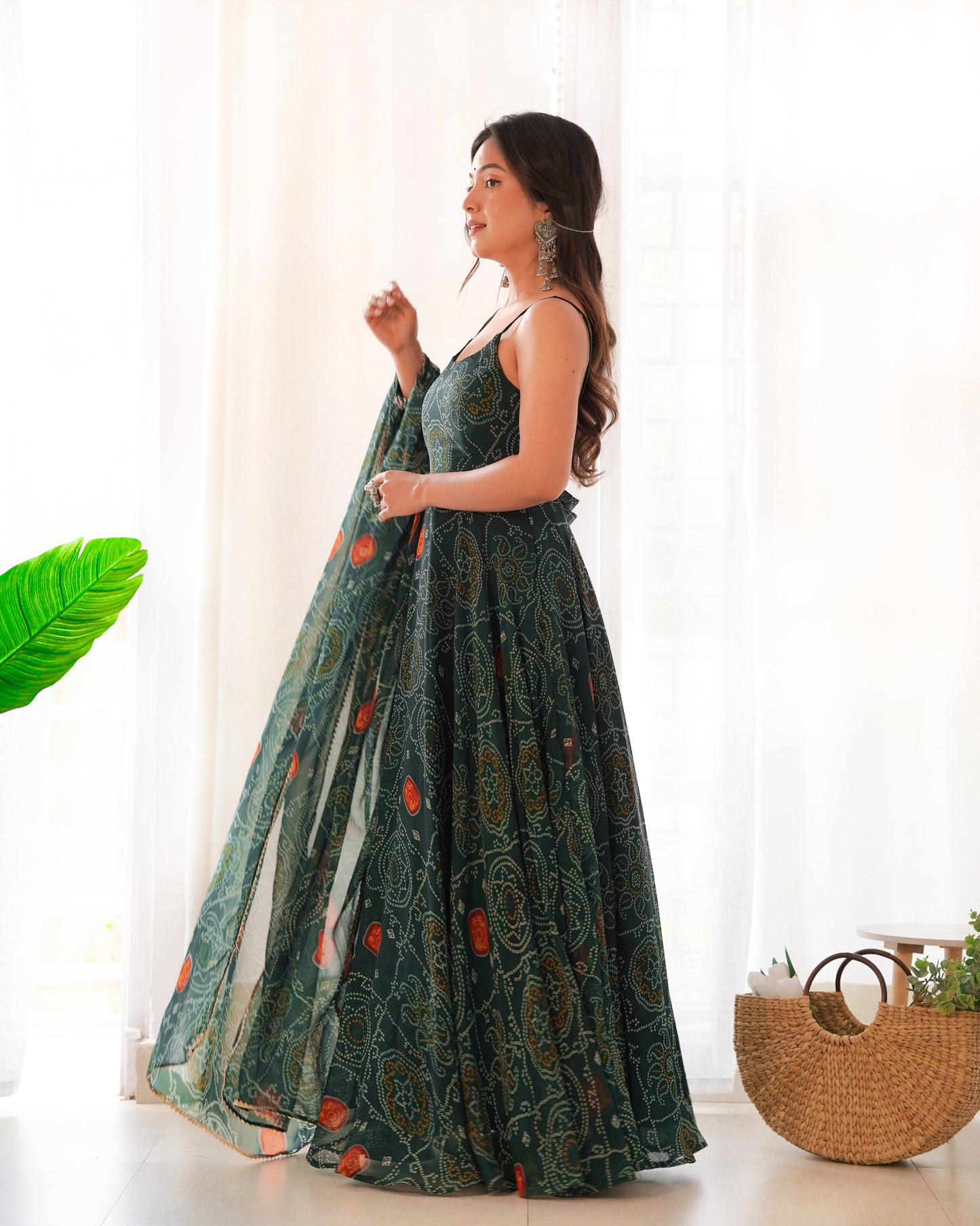 Bandhej Chiffon Anarkali Gown Set with Dupatta – 8 Meter Flare