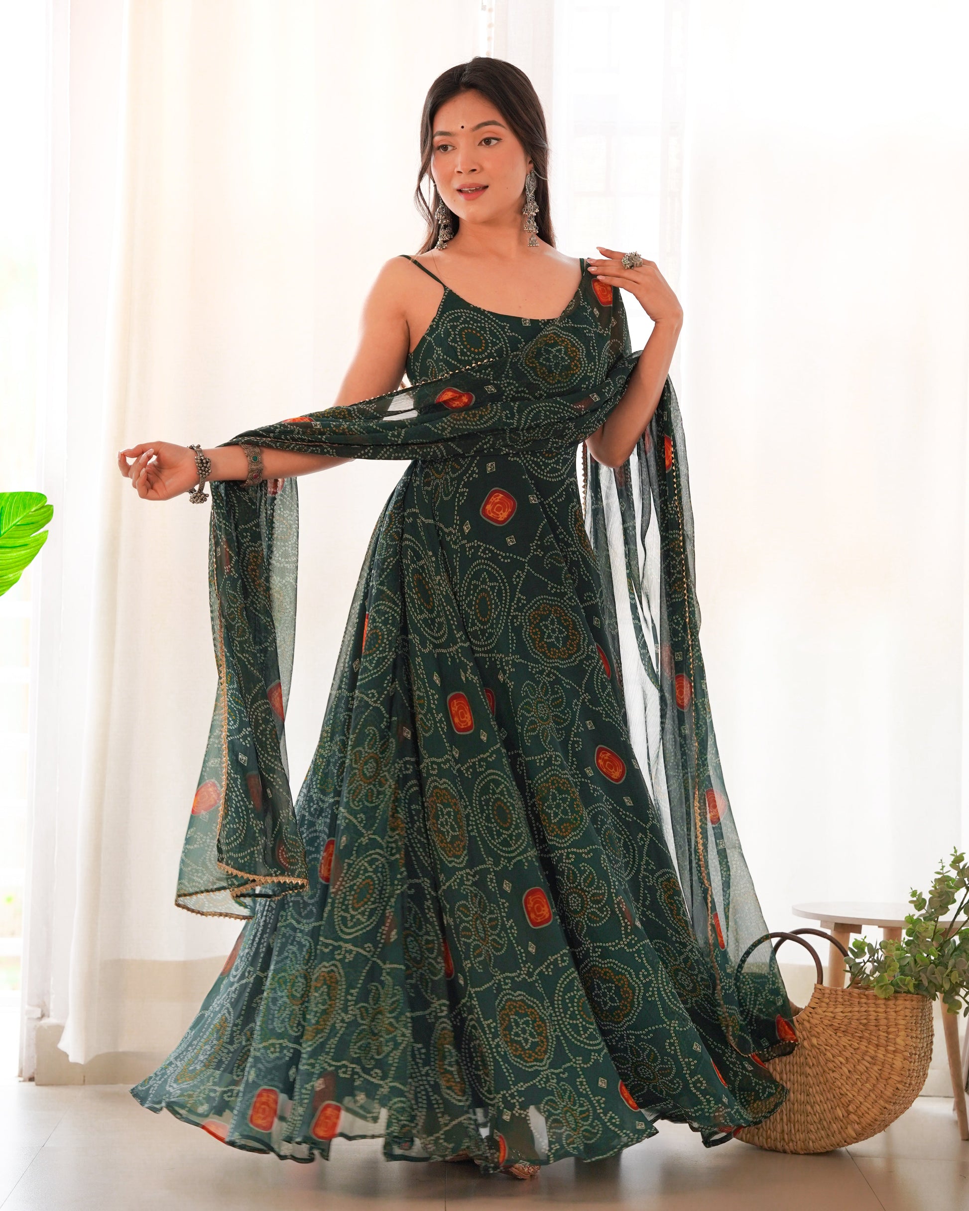 Spectacular Pink Chiffon Bandhej Printed Stitched Anarkali Pant Suit - INDIAN ELEGANCE