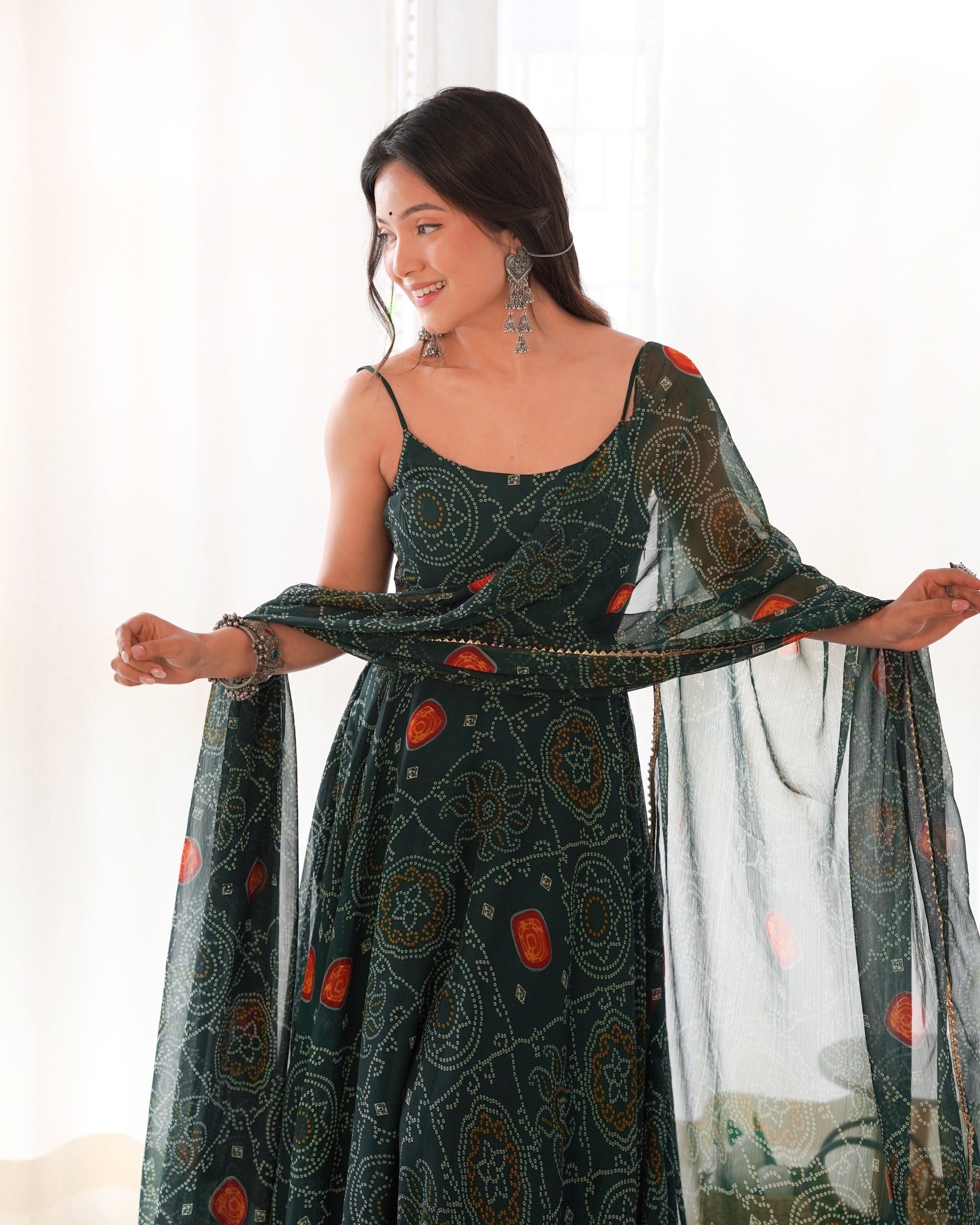 Spectacular Pink Chiffon Bandhej Printed Stitched Anarkali Pant Suit - INDIAN ELEGANCE