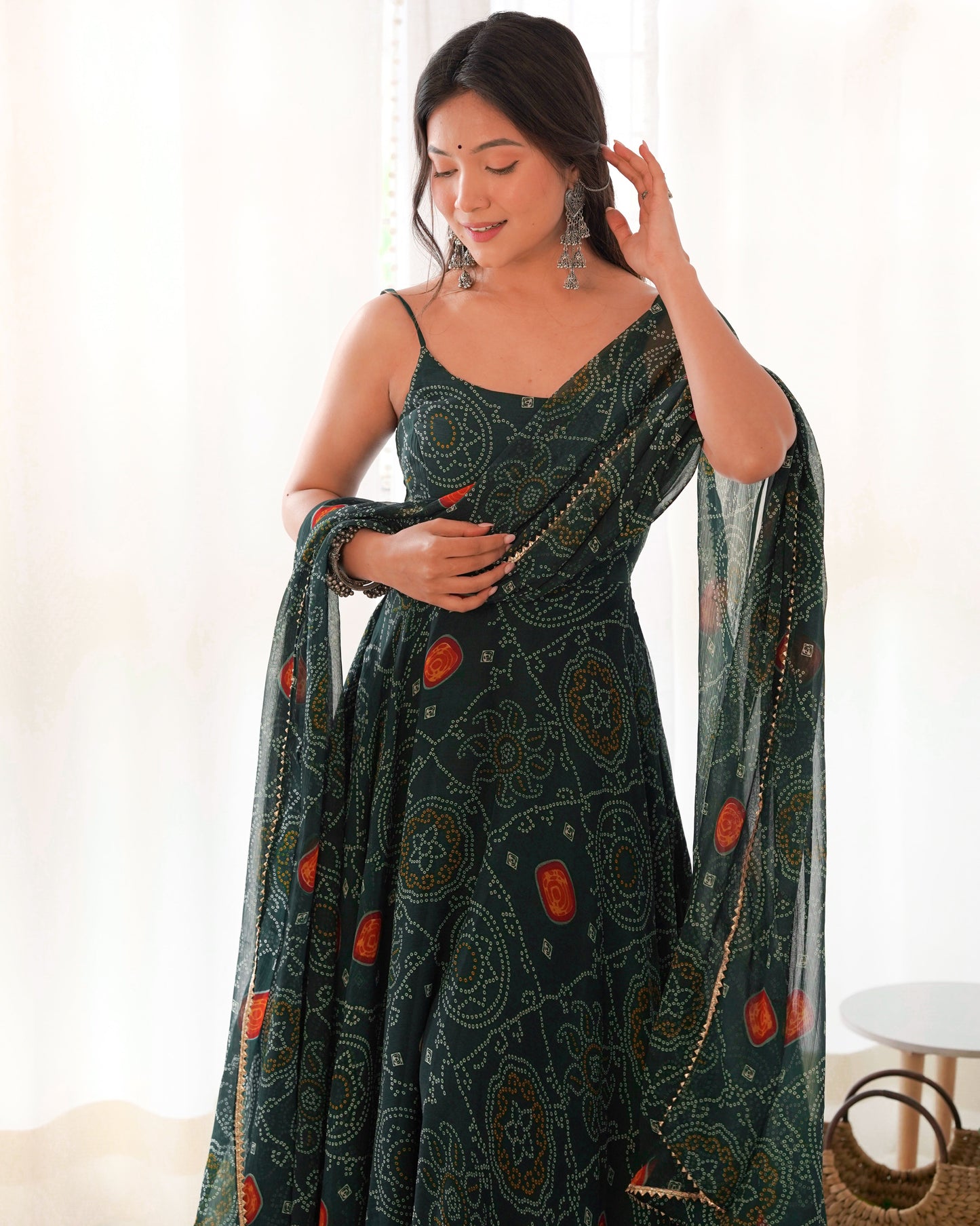 Spectacular Pink Chiffon Bandhej Printed Stitched Anarkali Pant Suit - INDIAN ELEGANCE
