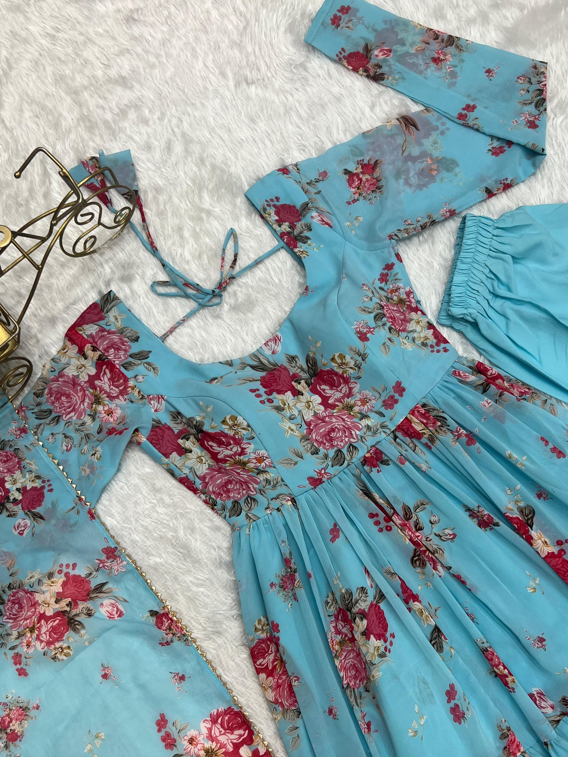 Radiant Sky Blue Floral Printed Fully Stitched Anarkali Pant Suit - INDIAN ELEGANCE