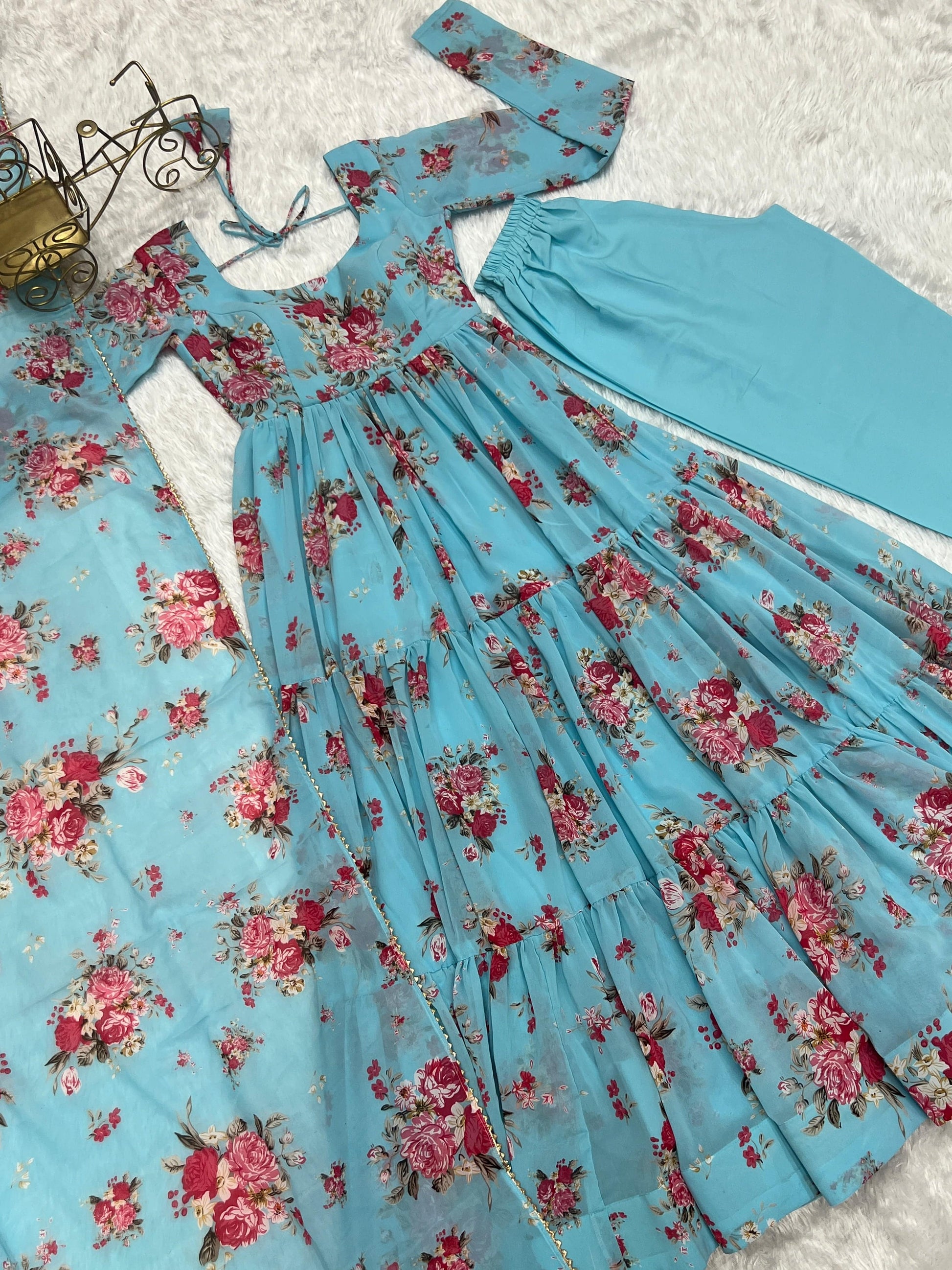 Radiant Sky Blue Floral Printed Fully Stitched Anarkali Pant Suit - INDIAN ELEGANCE