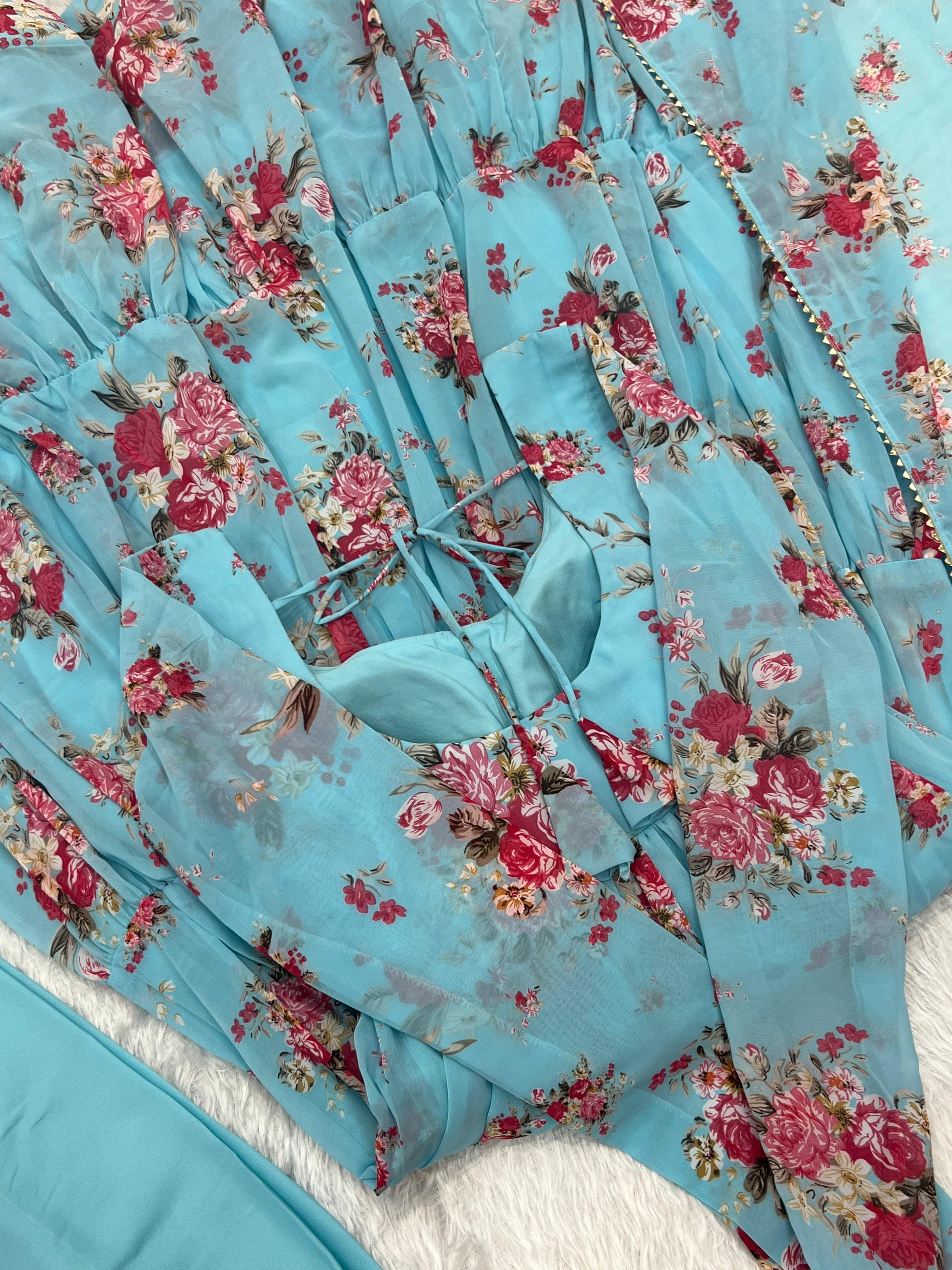 Radiant Sky Blue Floral Printed Fully Stitched Anarkali Pant Suit - INDIAN ELEGANCE