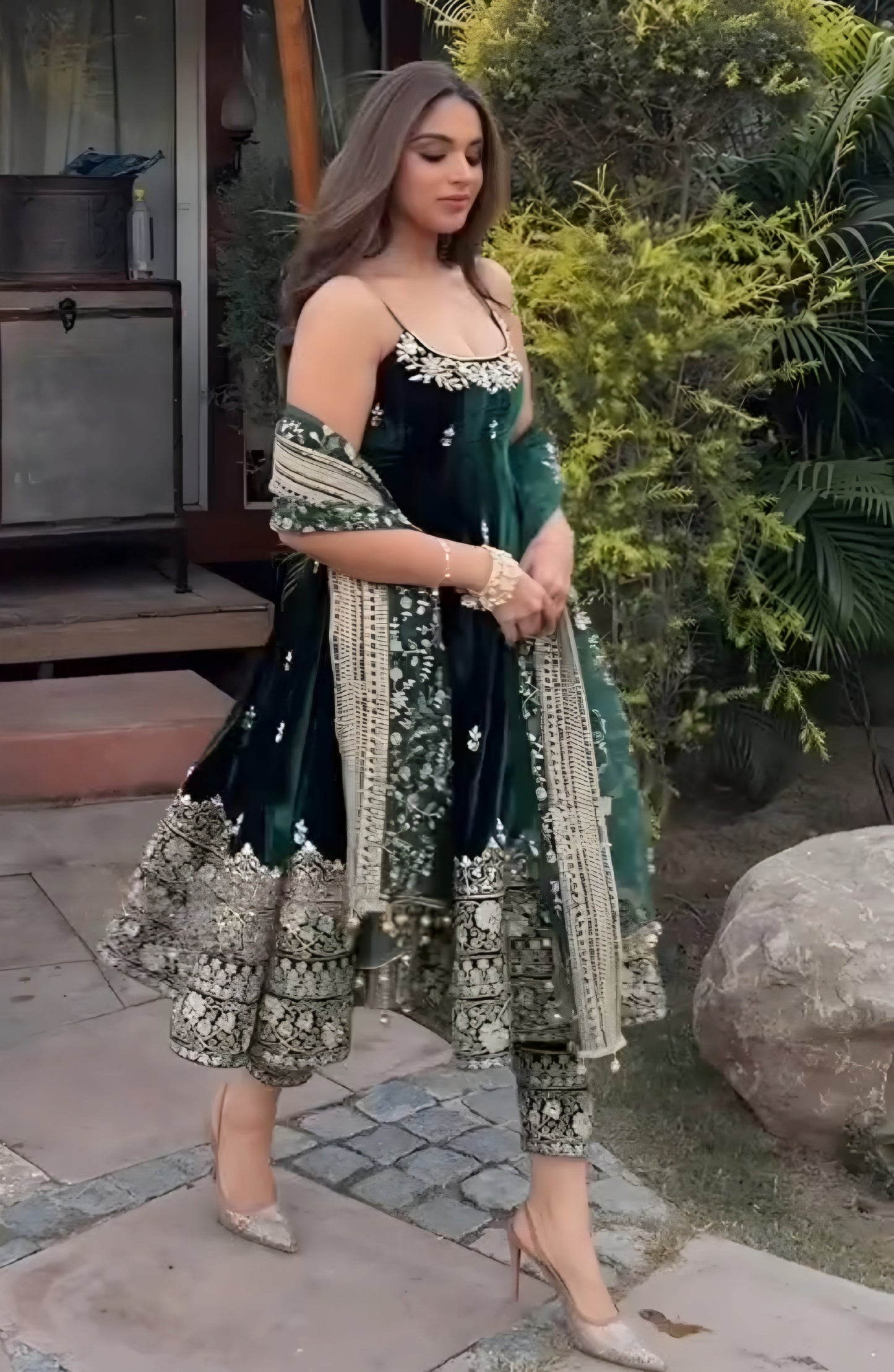 Emerald Green Vichitra Silk Kali-Cut Suit Set with Heavy Embroidery & Dupatta