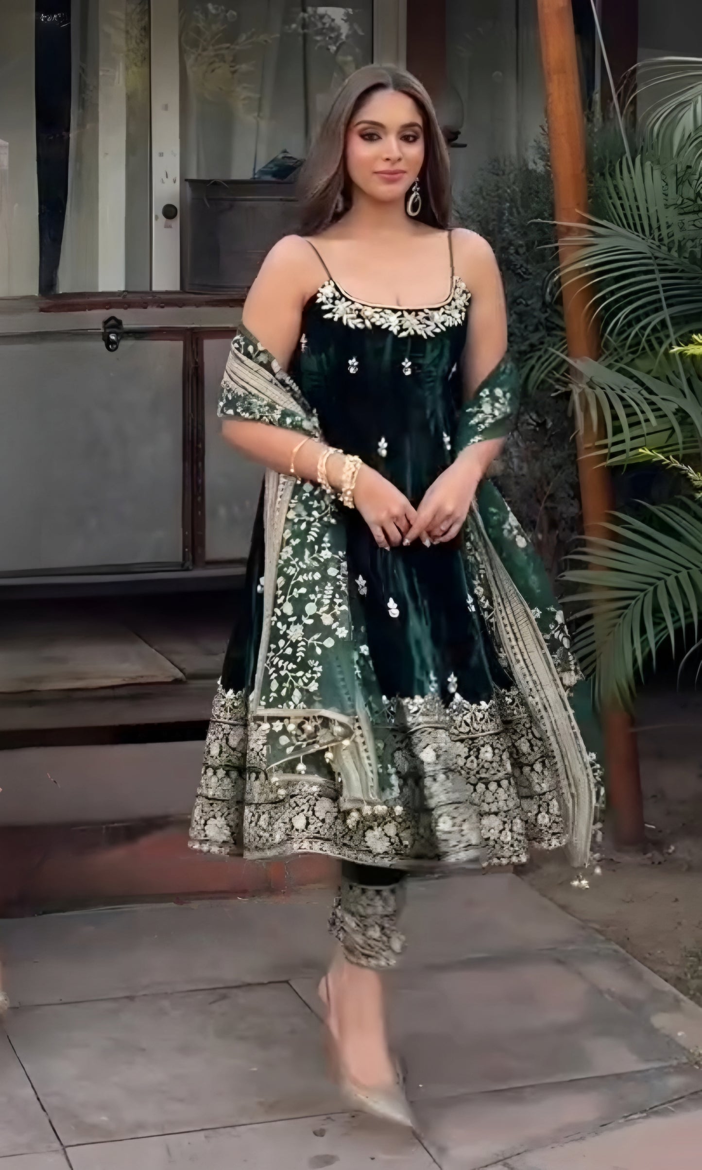 Emerald Green Vichitra Silk Kali-Cut Suit Set with Heavy Embroidery & Dupatta