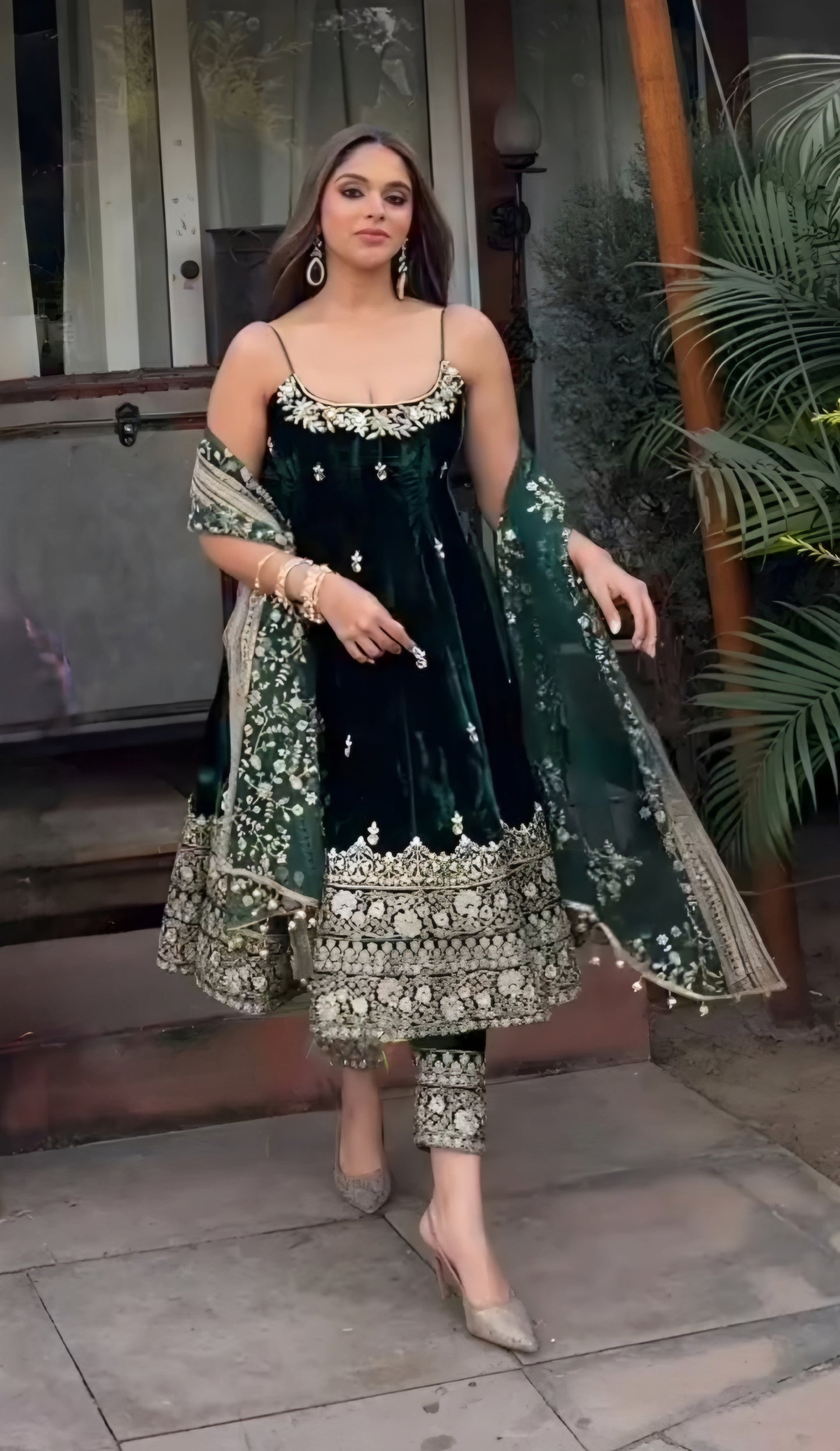 Emerald Green Vichitra Silk Kali-Cut Suit Set with Heavy Embroidery & Dupatta