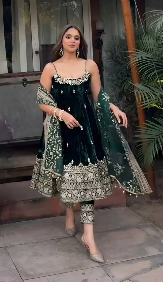 Emerald Green Vichitra Silk Kali-Cut Suit Set with Heavy Embroidery & Dupatta