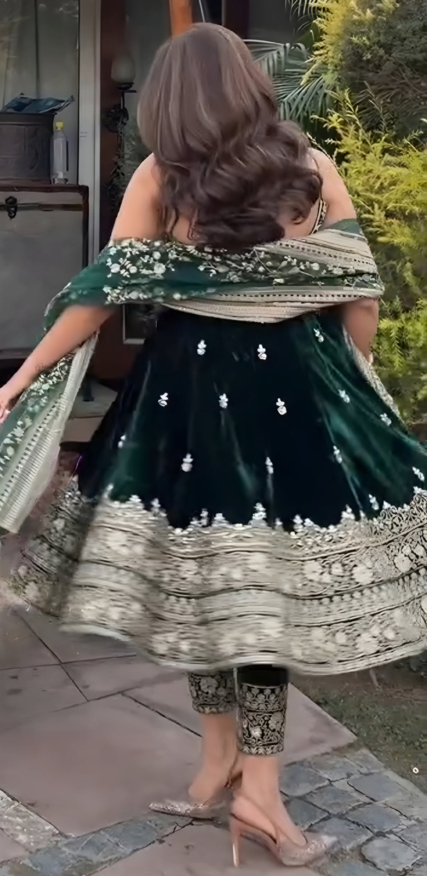 Emerald Green Vichitra Silk Kali-Cut Suit Set with Heavy Embroidery & Dupatta