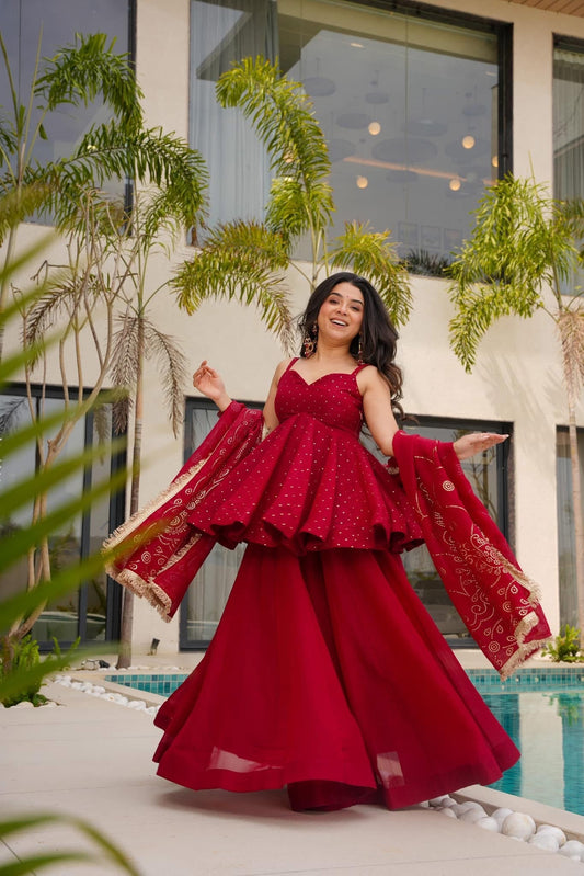 Red Radiance Designer Kurta Set - Extra Sleeve Attached