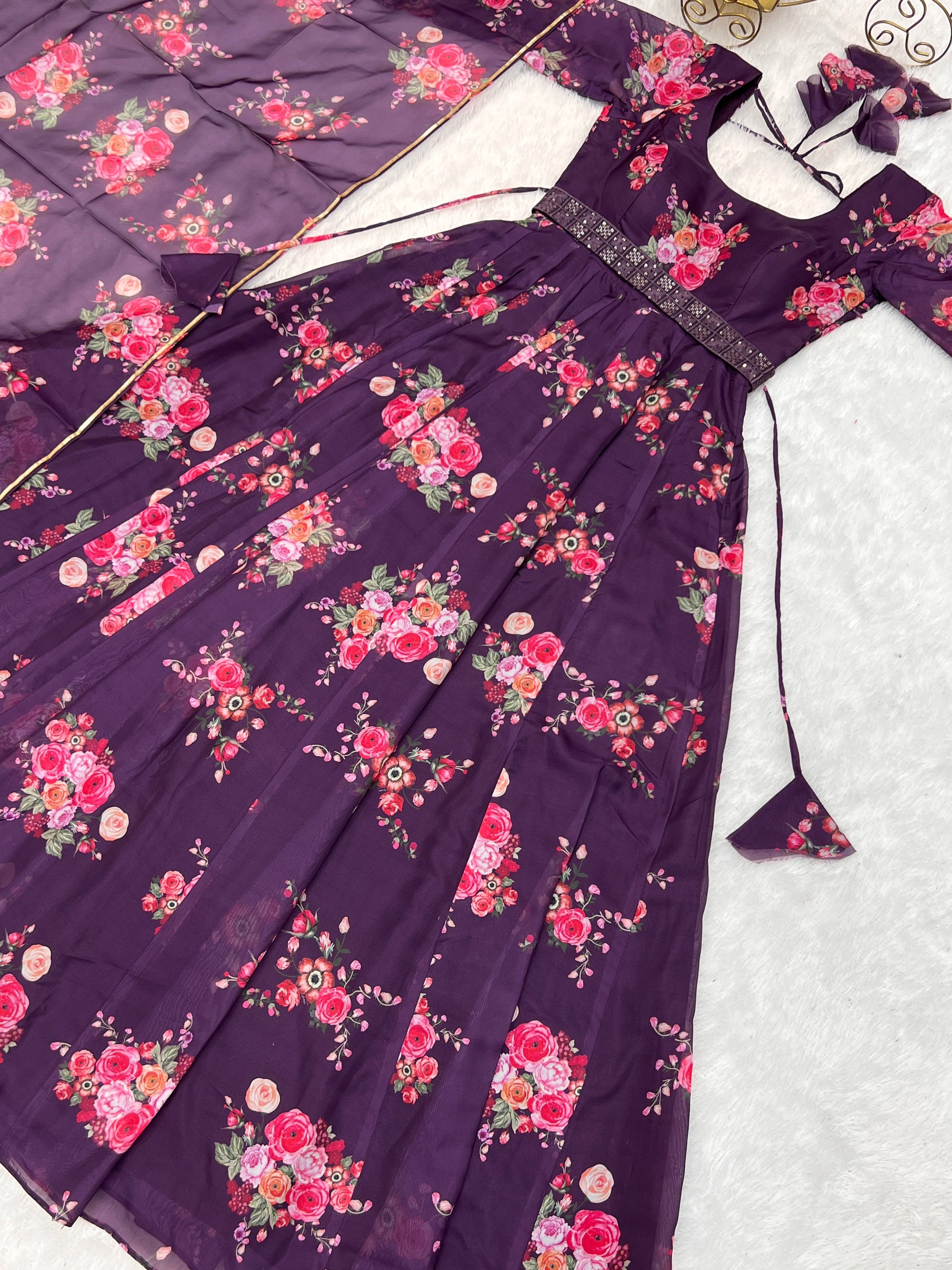 Glamorous Organza Silk Floral Printed Designer Anarkali Pant Suit - INDIAN ELEGANCE