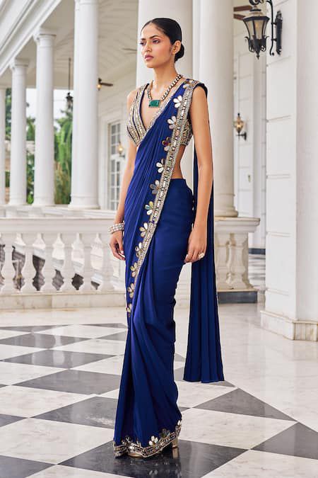 Festive wear Royal Blue Mirror Work Ready-to-Wear Saree – Faux Georgette Party Wear Saree for Women | Sangeet, Wedding, Reception & Farewell