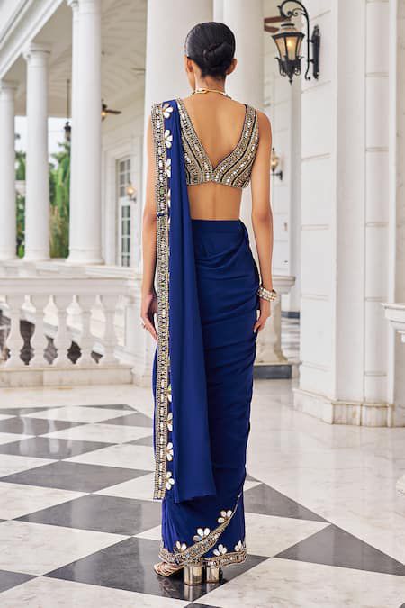 Festive wear Royal Blue Mirror Work Ready-to-Wear Saree – Faux Georgette Party Wear Saree for Women | Sangeet, Wedding, Reception & Farewell