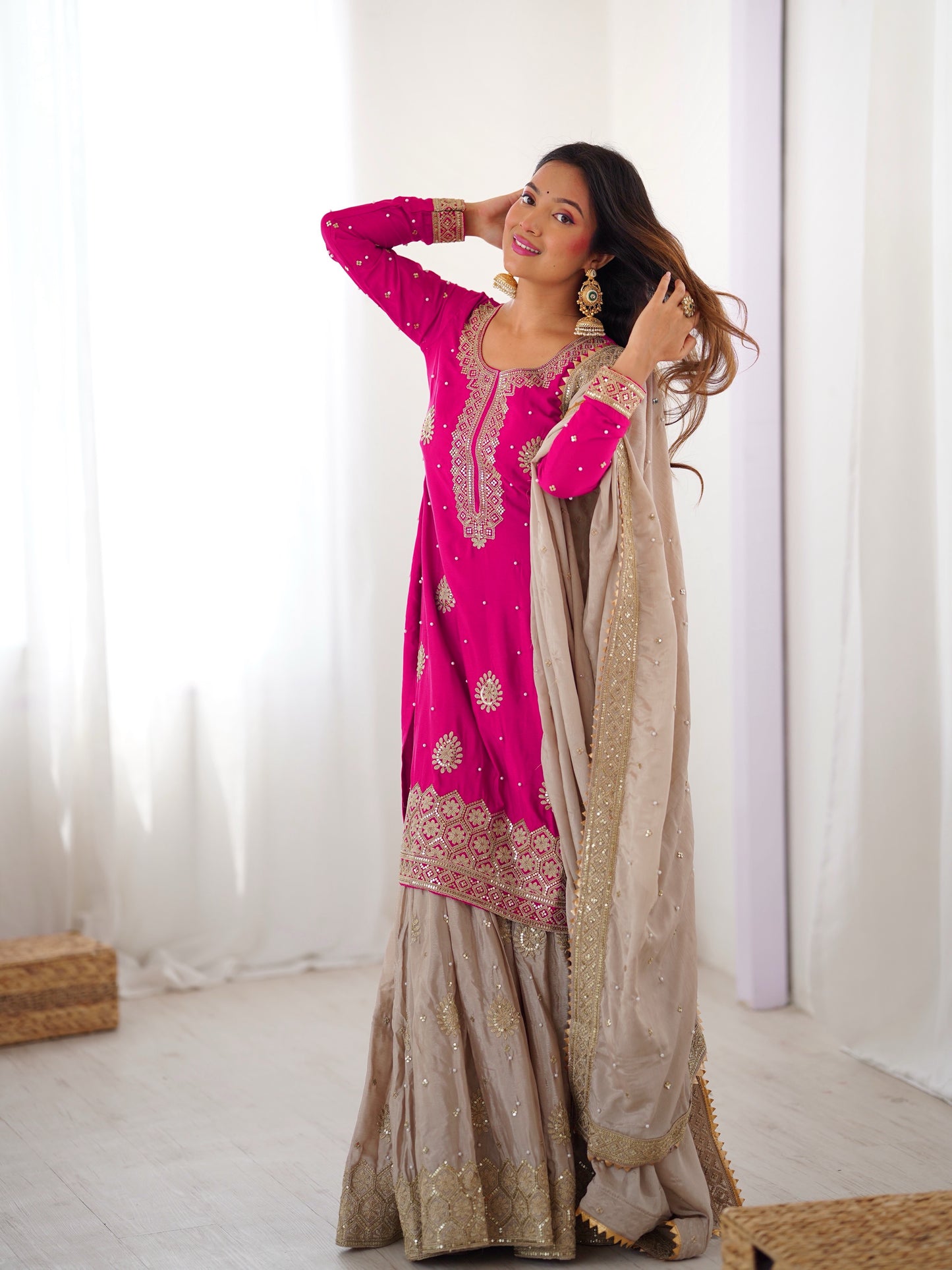 Rani Pink Pearl Work Chinon Silk Kurti Sharara Set with Dupatta