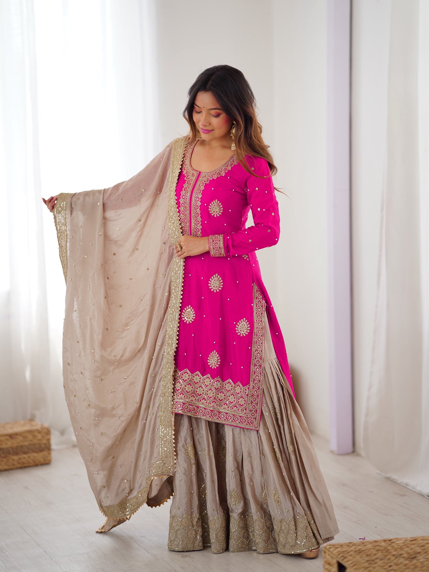 Rani Pink Pearl Work Chinon Silk Kurti Sharara Set with Dupatta