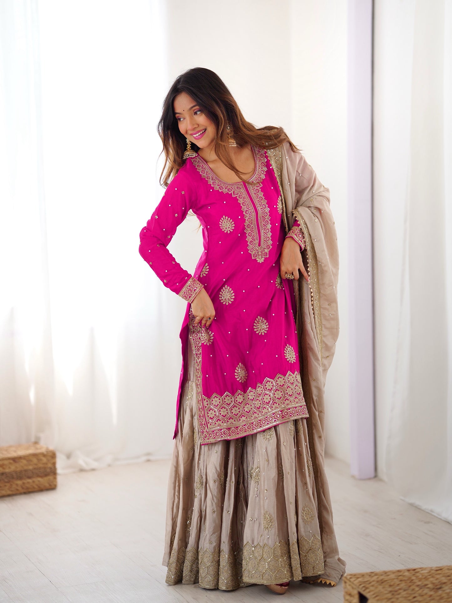 Rani Pink Pearl Work Chinon Silk Kurti Sharara Set with Dupatta