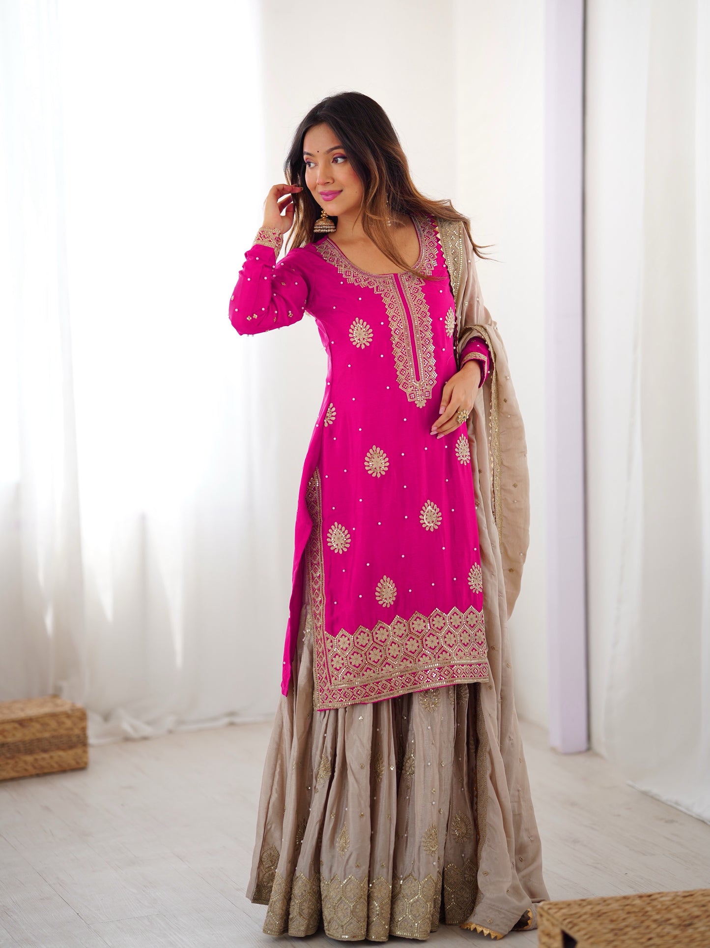 Rani Pink Pearl Work Chinon Silk Kurti Sharara Set with Dupatta