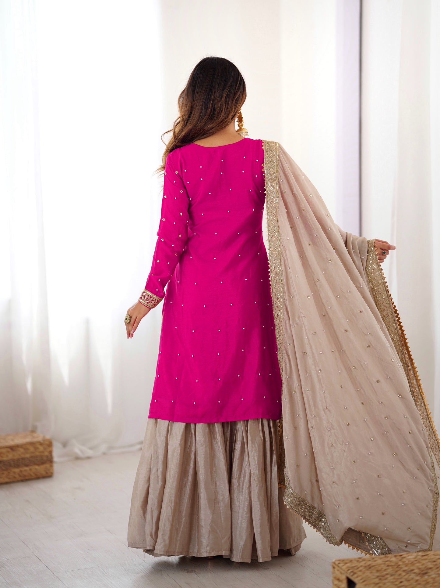 Rani Pink Pearl Work Chinon Silk Kurti Sharara Set with Dupatta