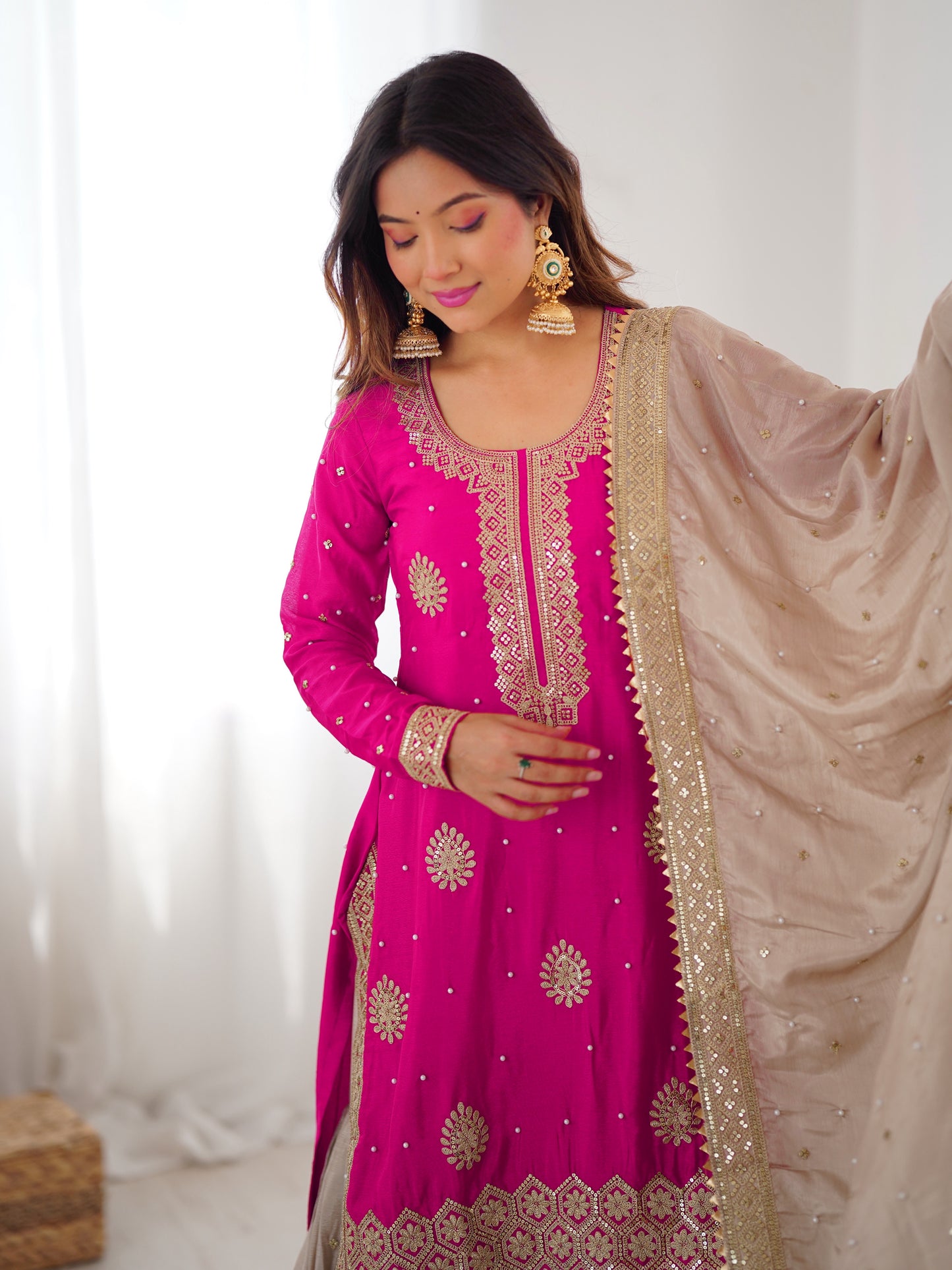 Rani Pink Pearl Work Chinon Silk Kurti Sharara Set with Dupatta