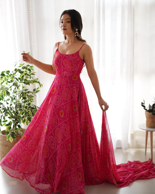 Spectacular Pink Chiffon Bandhej Printed Stitched Anarkali Pant Suit - INDIAN ELEGANCE