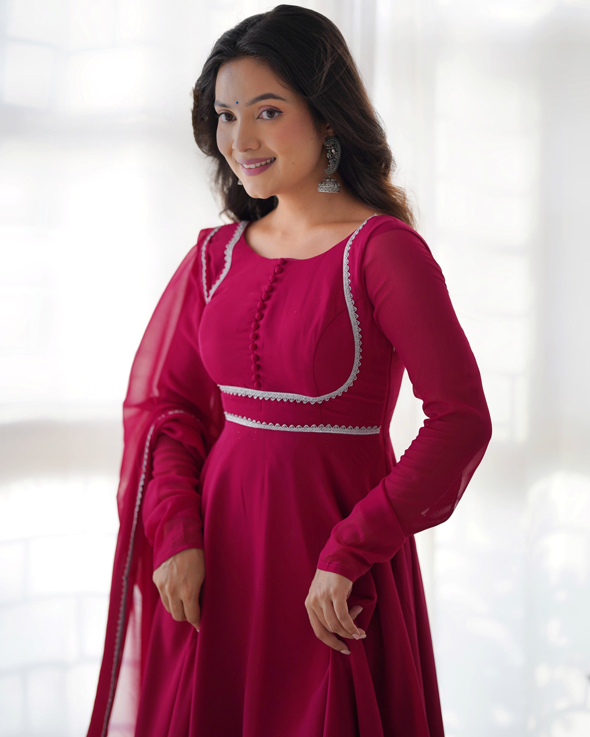 Fetching Faux Georgette Fancy Neck Anarkali Pant Suit - INDIAN ELEGANCE