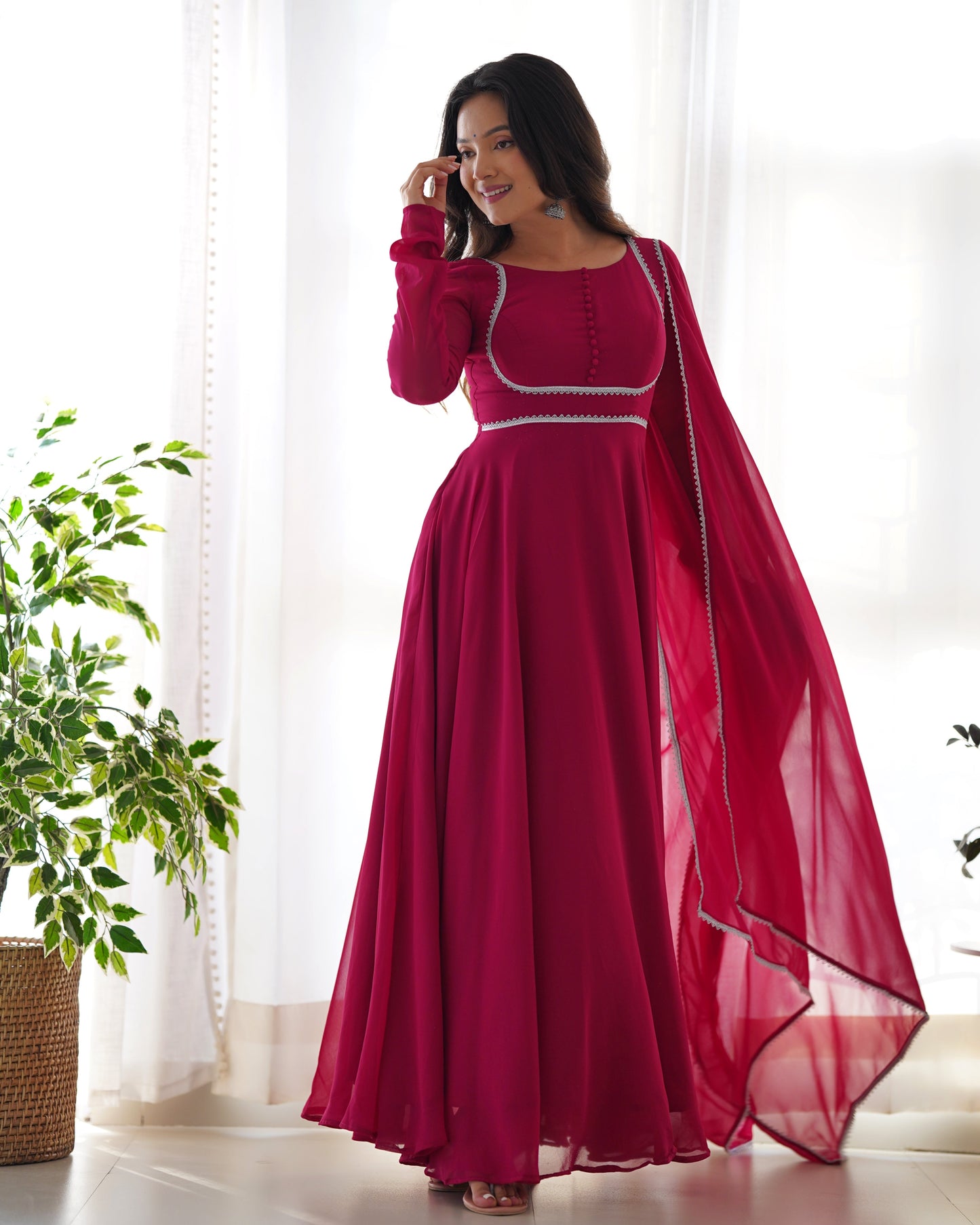 Fetching Faux Georgette Fancy Neck Anarkali Pant Suit - INDIAN ELEGANCE