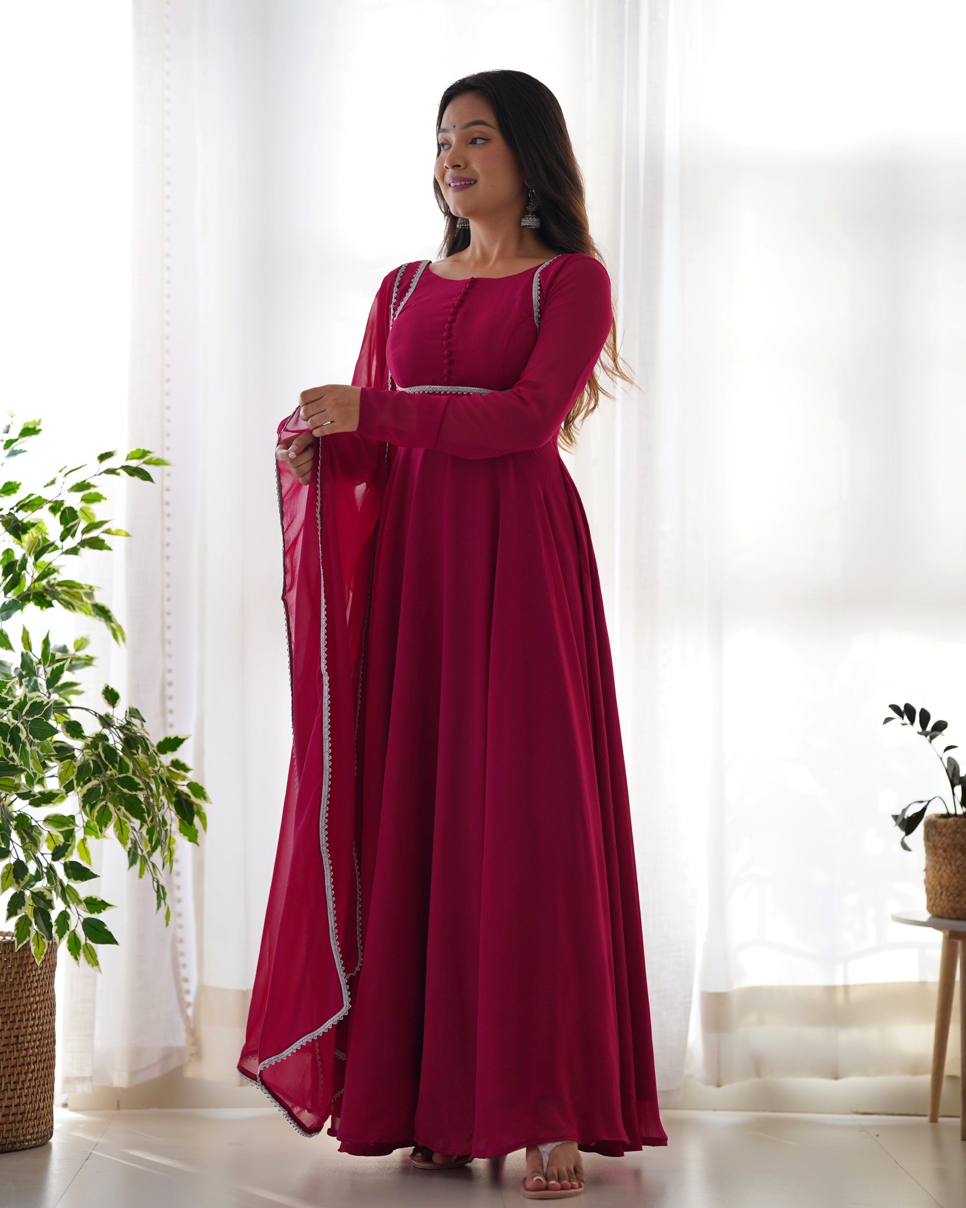 Fetching Faux Georgette Fancy Neck Anarkali Pant Suit - INDIAN ELEGANCE