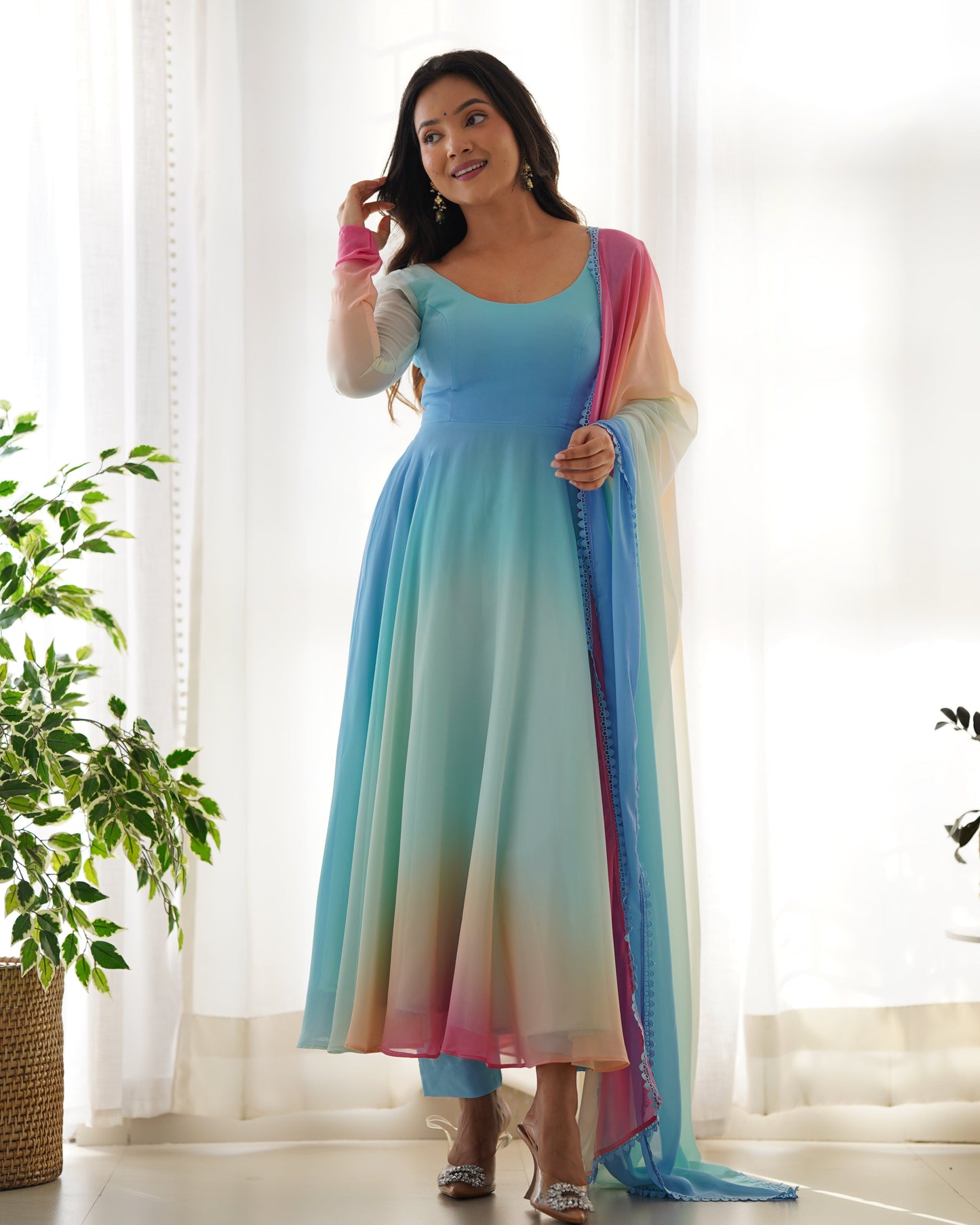Enchanting Shaded Faux Georgette Fully Stitched Anarkali Pant Suit - INDIAN ELEGANCE