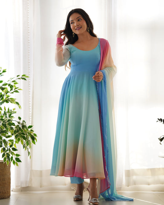 Enchanting Shaded Faux Georgette Fully Stitched Anarkali Pant Suit - INDIAN ELEGANCE
