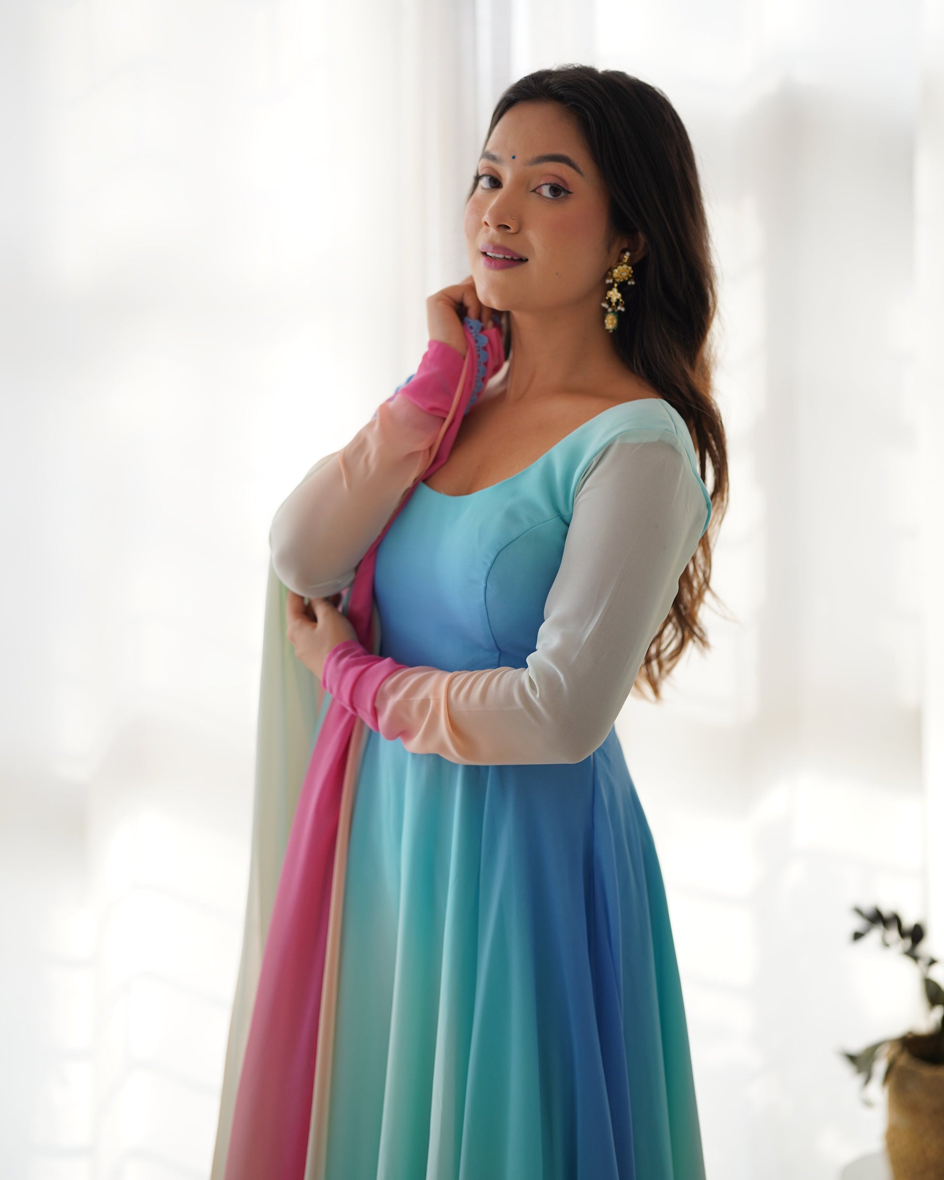 Enchanting Shaded Faux Georgette Fully Stitched Anarkali Pant Suit - INDIAN ELEGANCE