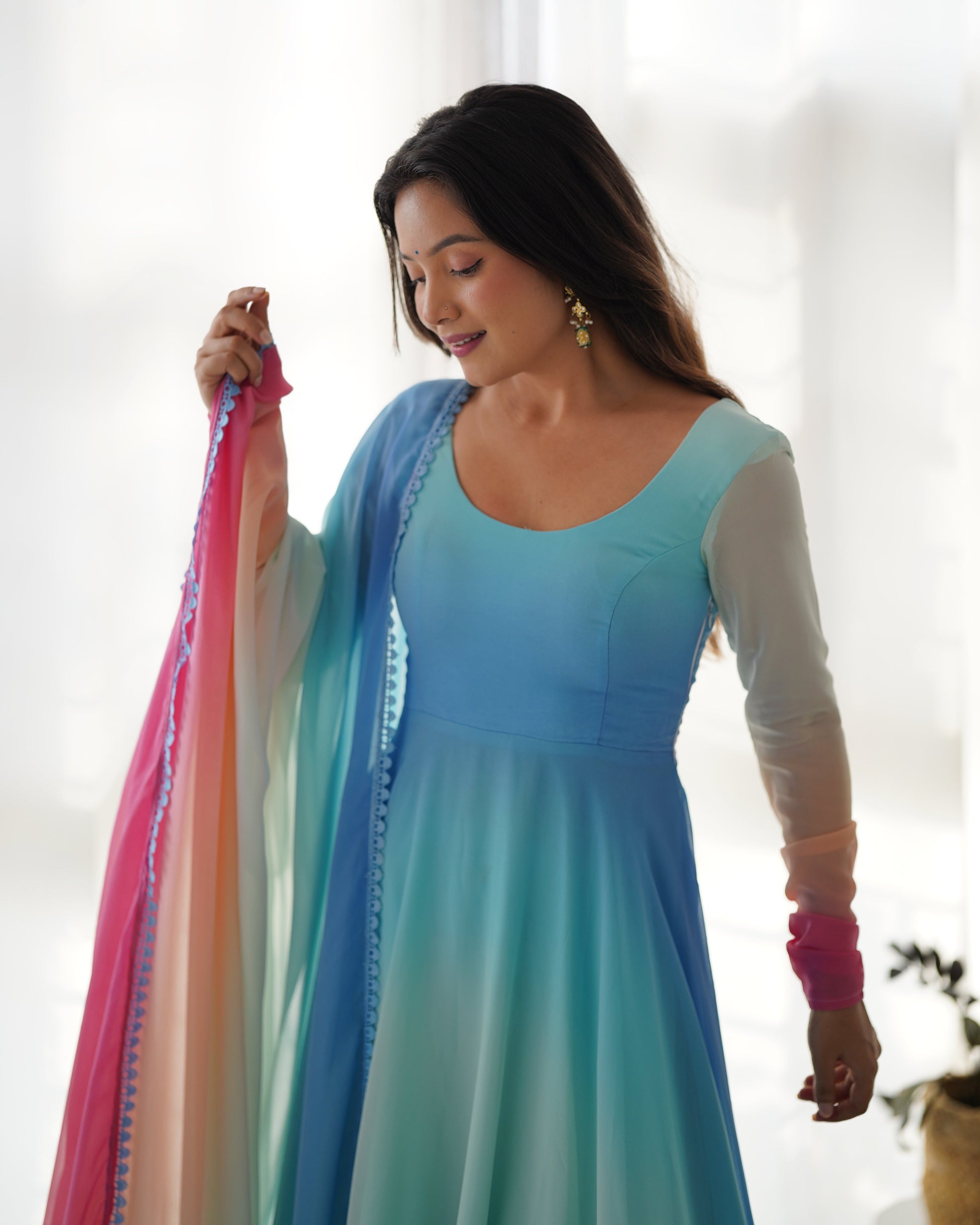 Enchanting Shaded Faux Georgette Fully Stitched Anarkali Pant Suit - INDIAN ELEGANCE